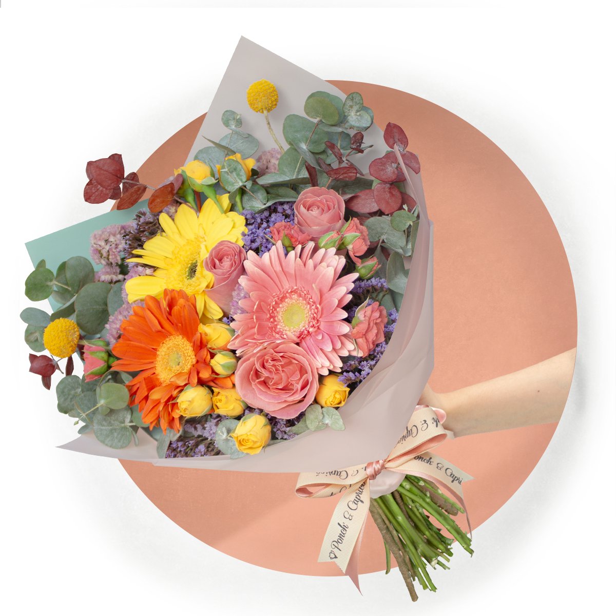 Mix gerberas bouquet, beautiful roses, pink eucalyptus, pink and mini pinks + bouquet of balloons of love -set067-