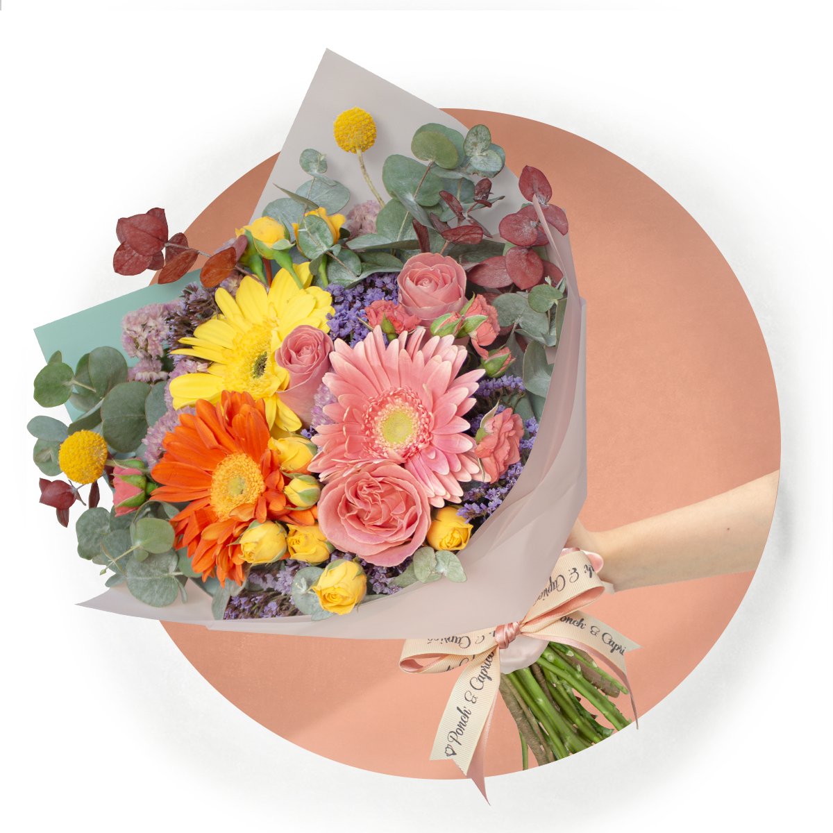 Ramillete de Gerberas Mix, Rosas Hermosas, Eucalipto Rosado, Estate Rosa y Mini Rosas - PRAM048 -