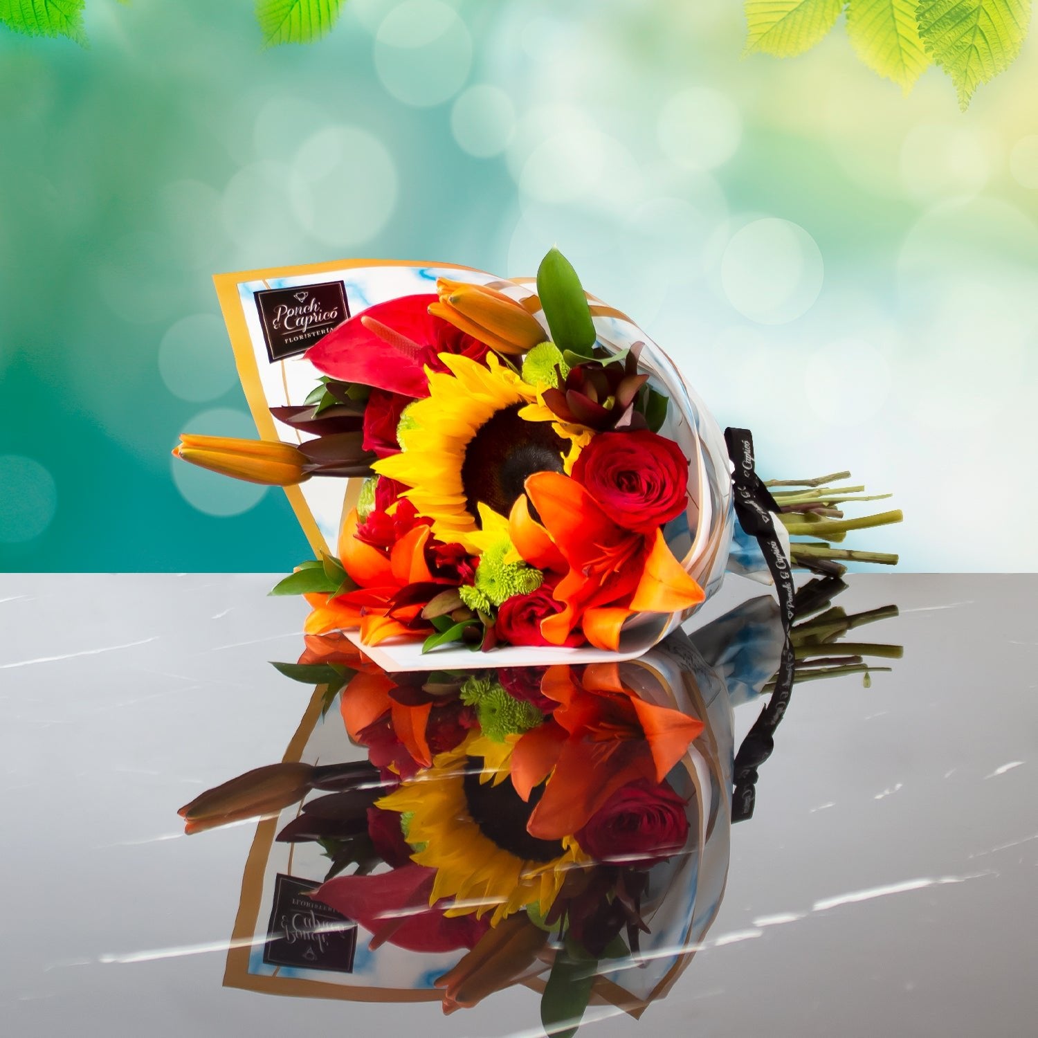 Ramillete de Girasol, Anturio, Rosas, Lillies, y Safari - PRAM026 | Globos y Regalos Teleglobos.com.mx.