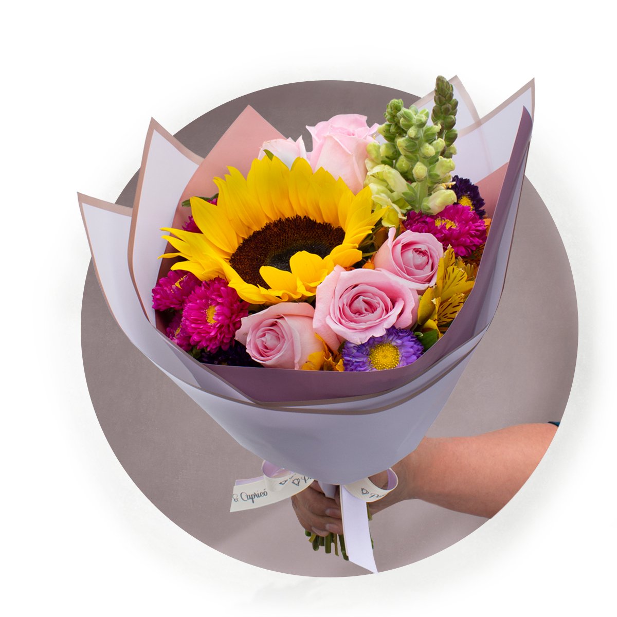 Ramillete de Girasol, Rosa Caricia Rosada y Dragón Amarillo Perrito + Orbz Birthday Estrellas y Oro -SET042-