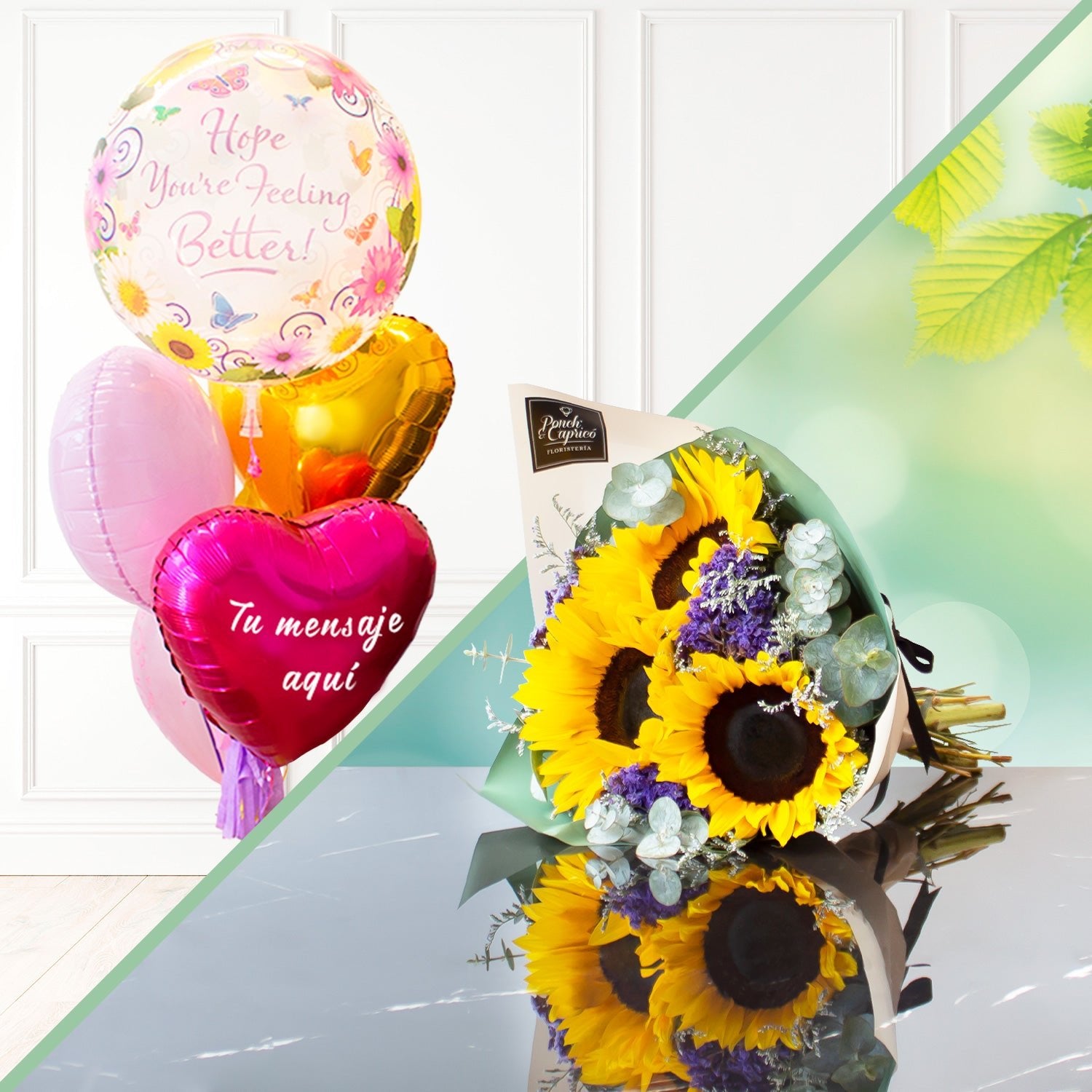 Ramillete de Girasoles + Bunch de Globo Burbuja y Personalizado con helio -SET003- | Globos y Regalos Teleglobos.com.mx.