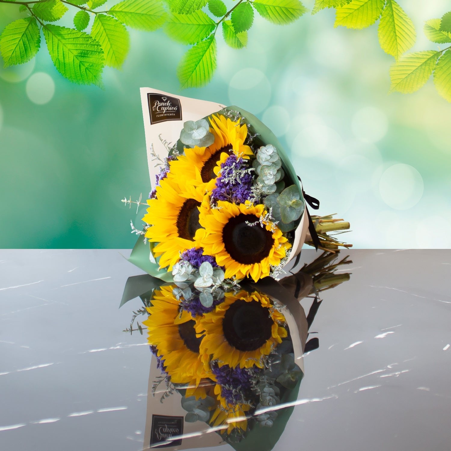 Ramillete de Girasoles, Limonio y Espuma - PRAM003 | Globos y Regalos Teleglobos.com.mx.