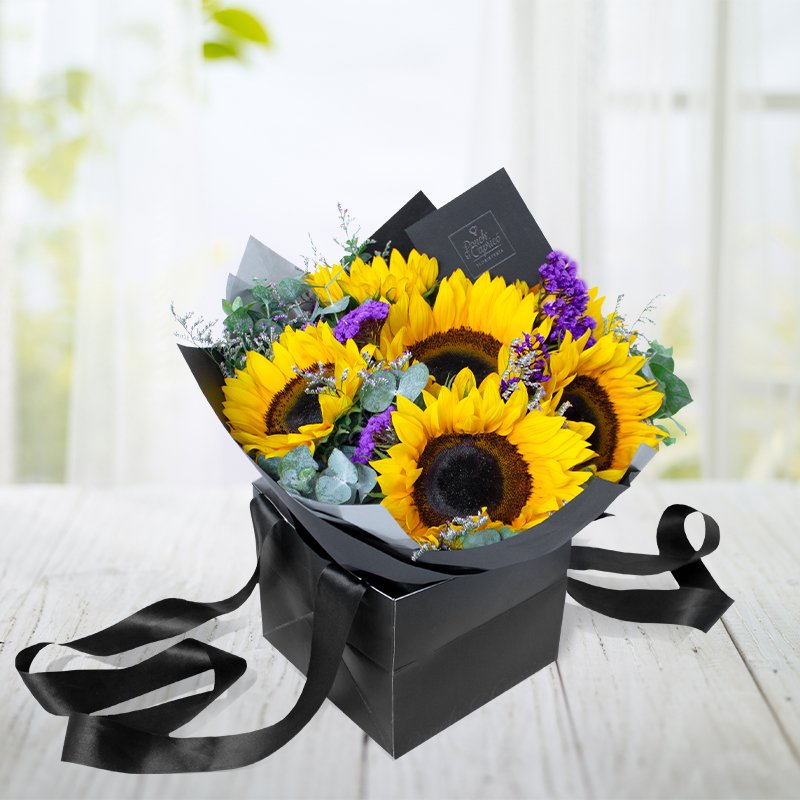 Ramillete de Girasoles, Limonio y Espuma - PRAM003 | Globos y Regalos Teleglobos.com.mx.