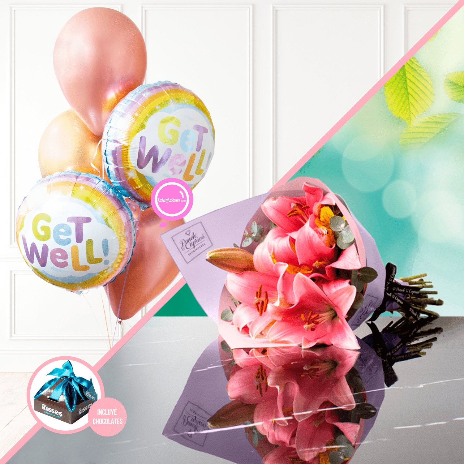 Ramillete de Lillies y Rosas + Bouquet de Globos de Mejórate Pronto 18 -SET034- | Globos y Regalos Teleglobos.com.mx.