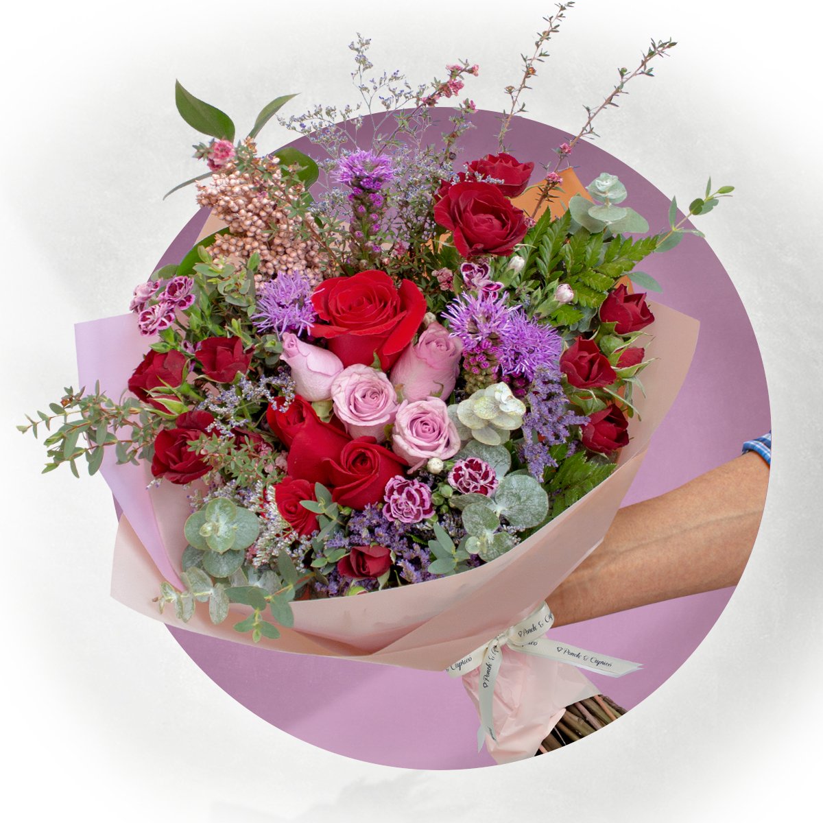 Red rose bouquet bouquet, lilac roses, mini red pink and purple limonium - PRAM043 -