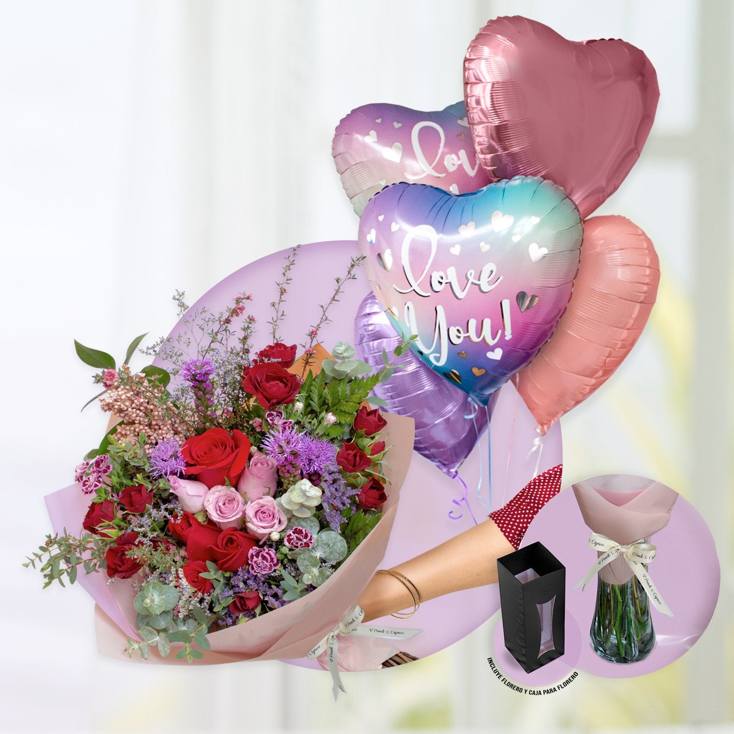 Red rose bouquet bouquet, lilac roses, mini red pink and purple limonium - PRAM043 -
