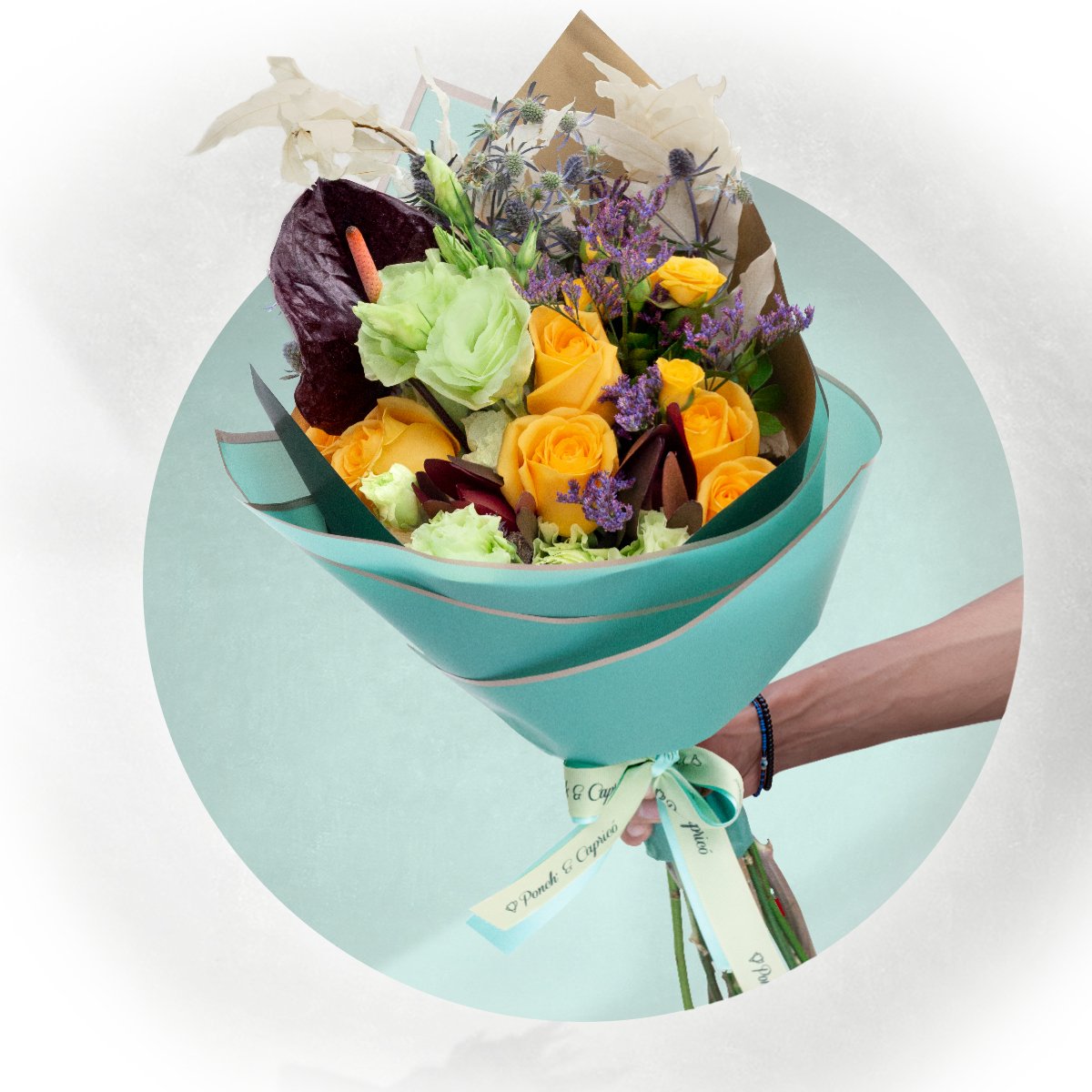 Ramillete de Rosa Amarilla, Encino Blanco y Lisianthus Limón - PRAM039
