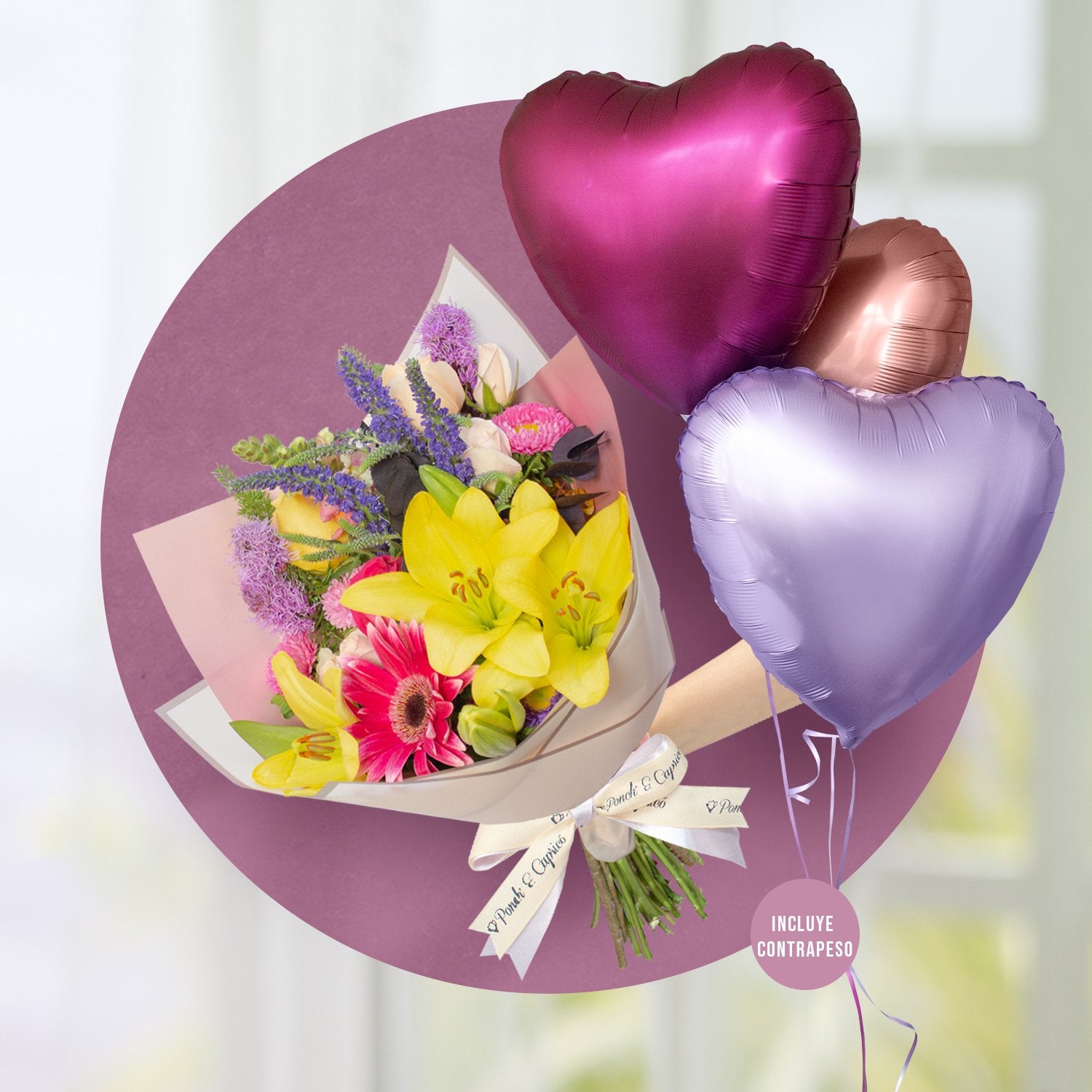 Ramillete de Rosa Amarilla, Rosa Fucsia, Lillies Amarillas, Eucalipto Negro, Leatriz y Rosa Avalanche + Bouquet de Globos de Amor -SET066-
