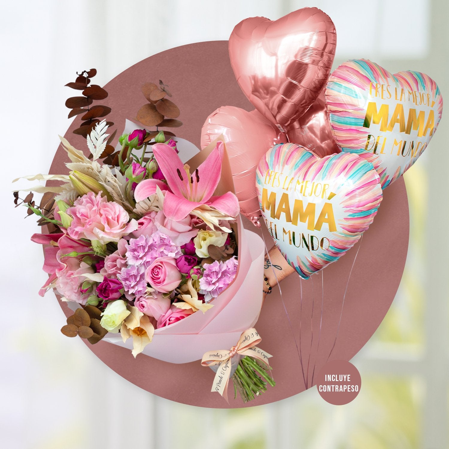 Rosa Caricia bouquet, mystical lisianthus, pink lillies, brown eucalyptus and leather preserved - Pram050 -