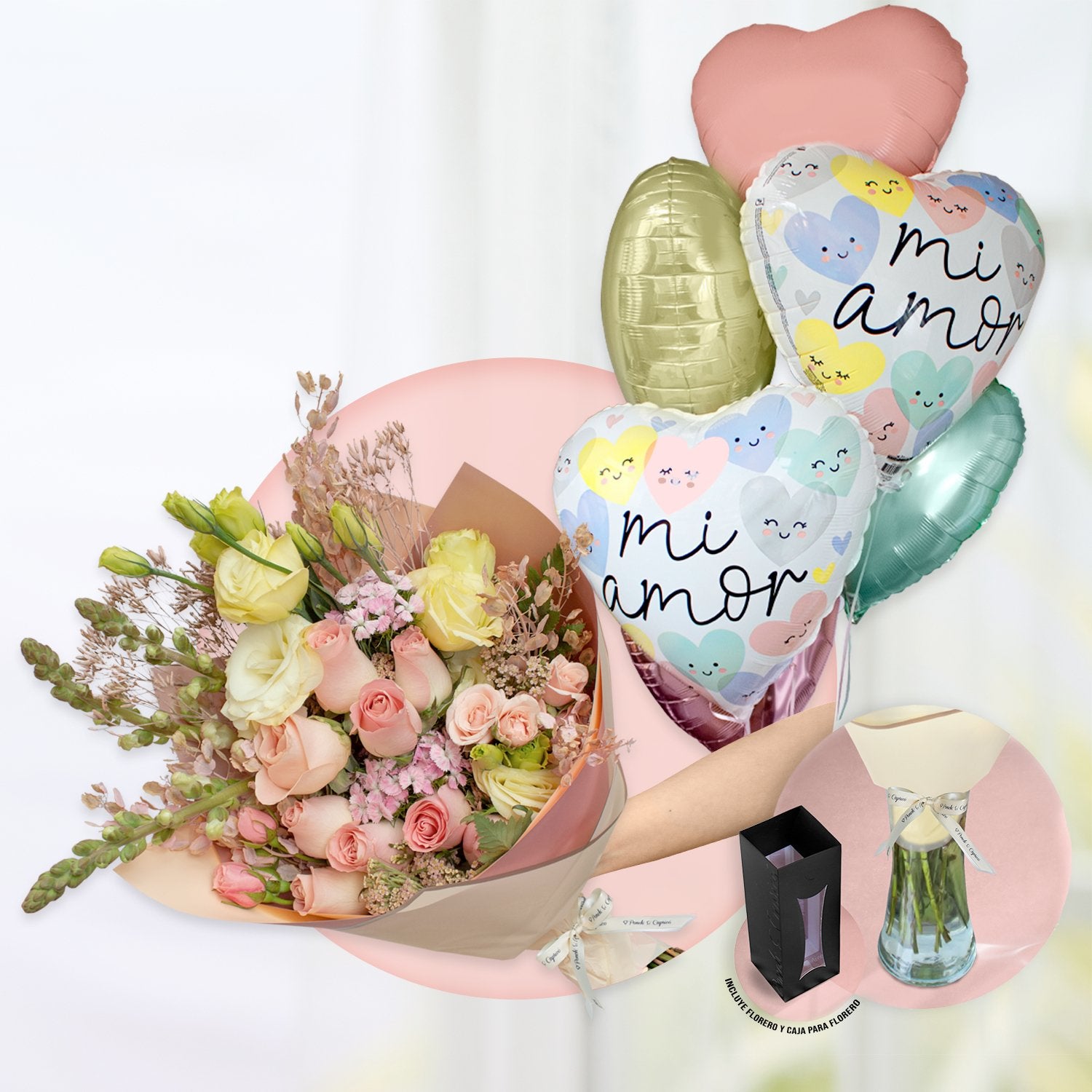 Beautiful rose bouquet, mini pink caress, Aquilea and Lisianthus cream - PRAM042 -