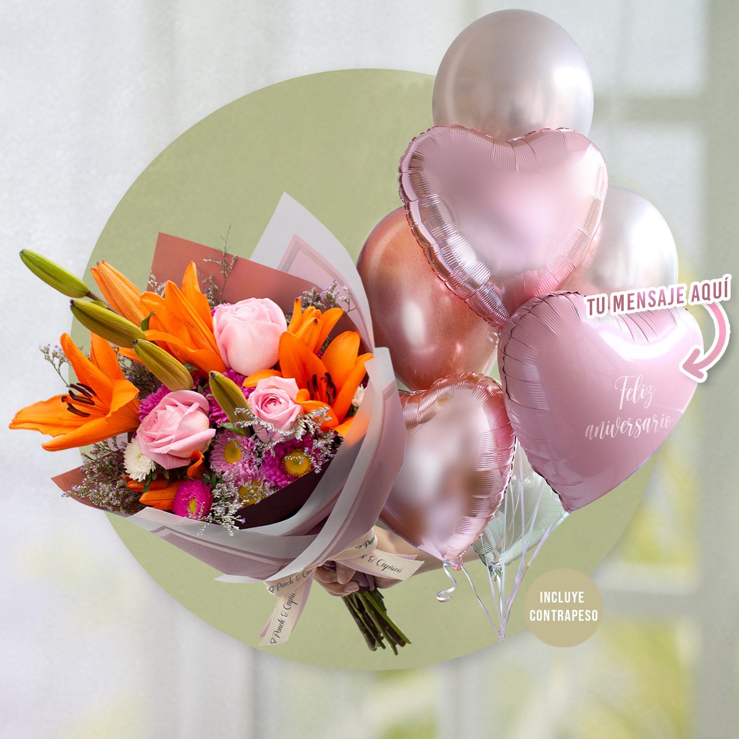 Ramillete de Rosas, Lillies y Matsumoto + Bunch de Globos Personalizado -SET052-