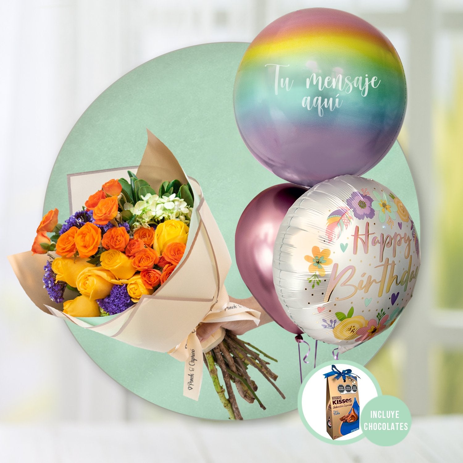 Ramillete de Rosas, Mini Rosas y Hortensias + Bunch de Globos con Helio Personalizado -SET047- | Globos y Regalos Teleglobos.com.mx.