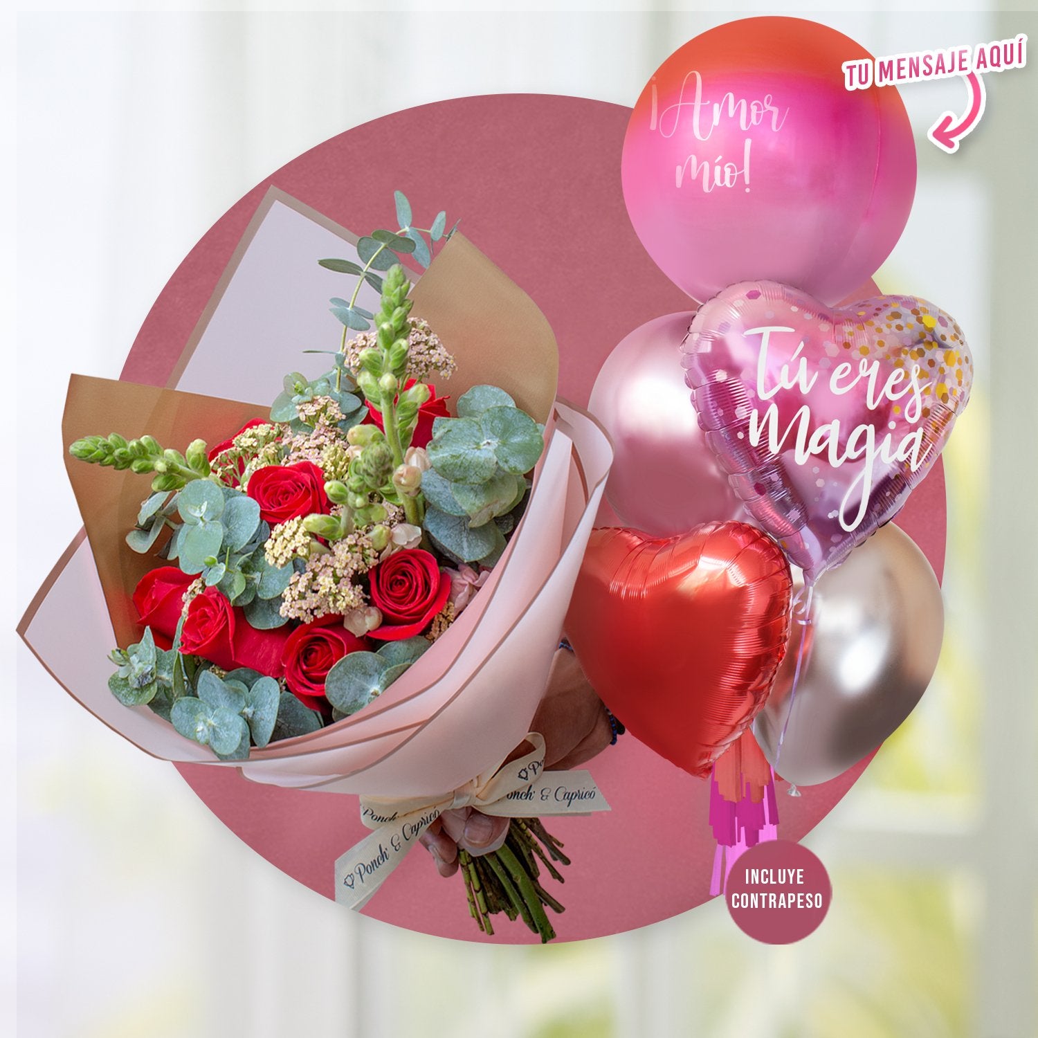 Red rose bouquet, aquilea melon and dragon pink puppy + bunch of balloons With Helio -tu you are magic- -set058-