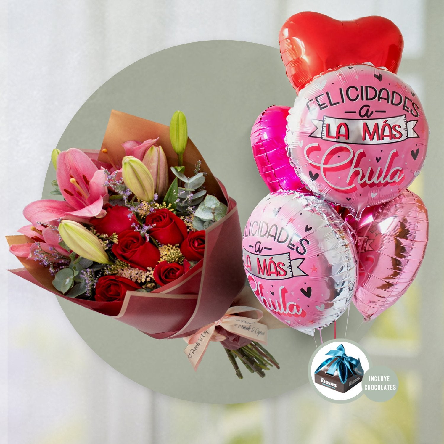 Ramillete de Rosas Rojas, Lillies y Aquilea + Bouquet de Globos -SET029-