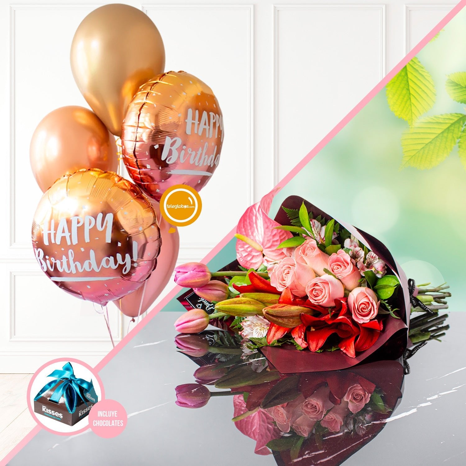 Ramillete de Tulipanes, Rosas, Anturio y Lillies + Bouquet de Globos -SET028- | Globos y Regalos Teleglobos.com.mx.