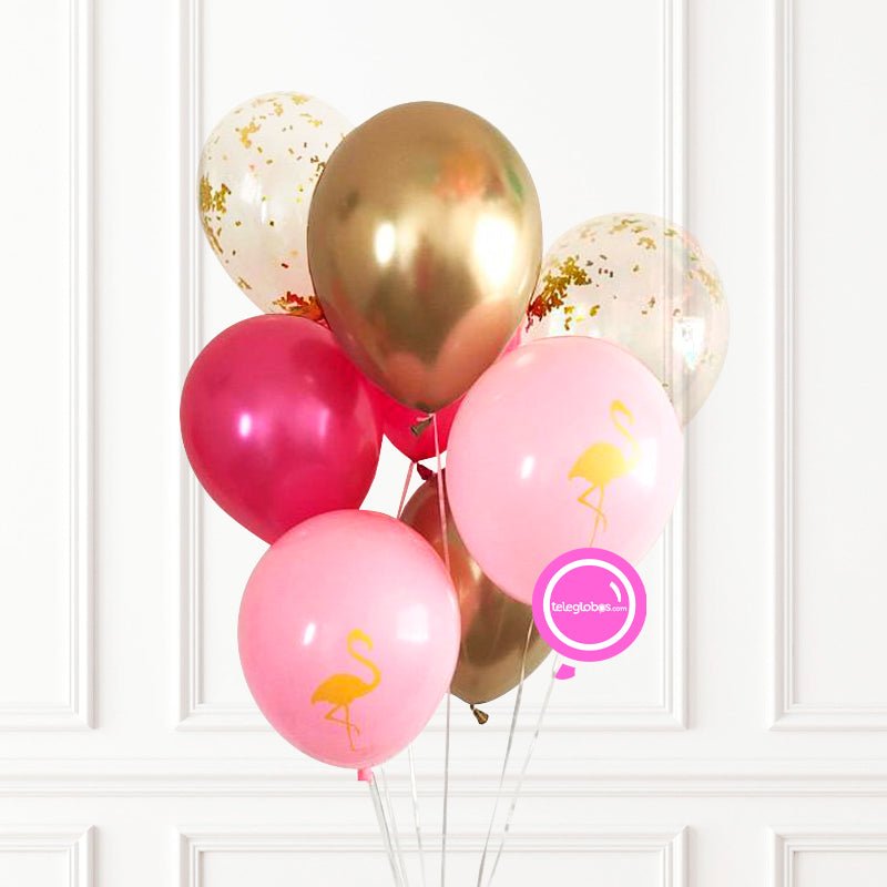 Ramo de 8 Globos de Látex 11" Flamingo Mix c/ Helio (Flamingo, Cromo, Transparente c/Confetti y Standard) | Globos y Regalos Teleglobos.com.mx.