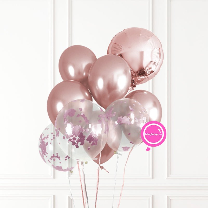 Ramo de 9 Globos inflados c/ Helio (Cromo, Transparente y Metálico) | Globos y Regalos Teleglobos.com.mx.