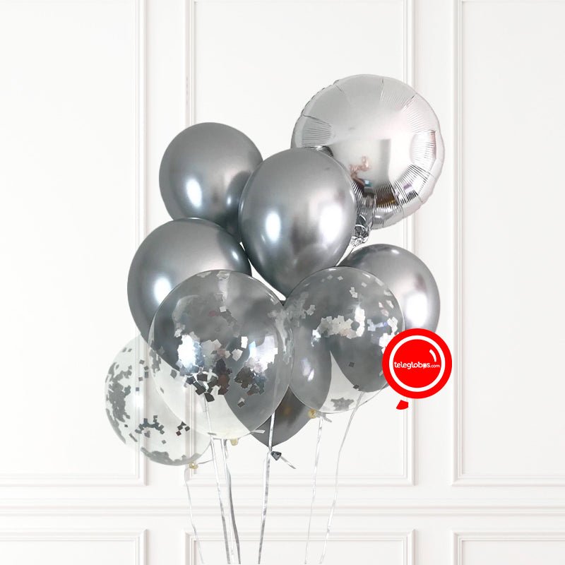 Ramo de 9 Globos inflados c/ Helio (Cromo, Transparente y Metálico) | Globos y Regalos Teleglobos.com.mx. #Color_Plata