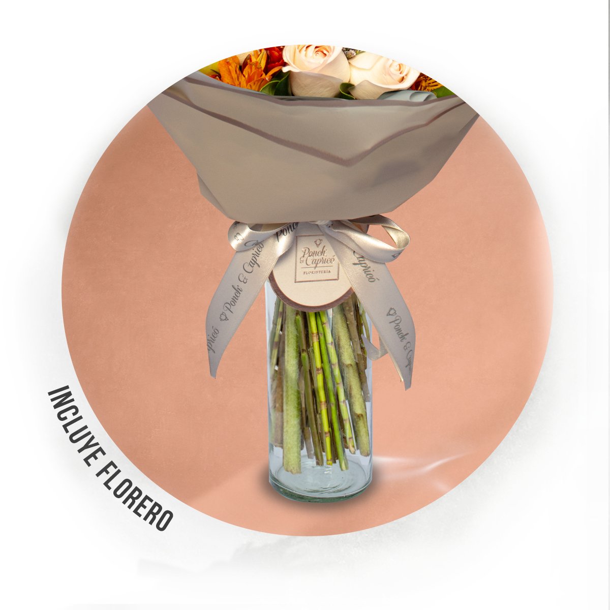 Rosa Señorita, Mini Rosa Naranja, Gerbera y Lisianthus Crema -ALA009-