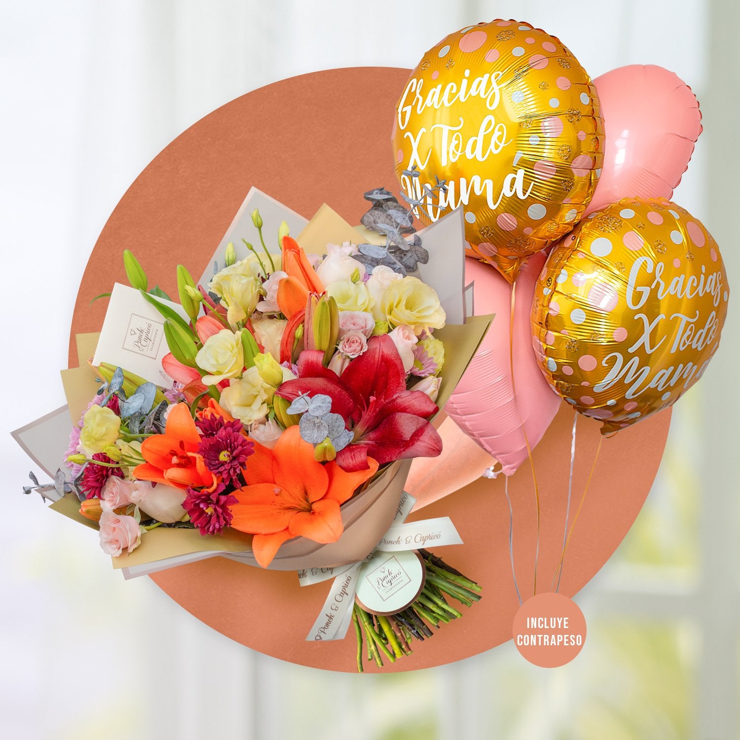 Rosa Señorita, Mix de Lillies, Mini Rosa Caricia, Lisianthus Crema y Eucalipto Preservado -ALA025-