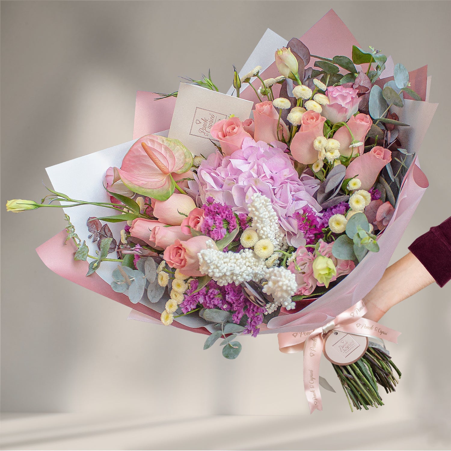 Rosas Hermosas, Anturio Rosado, Lisianthus Pecoté Rosa y Sorgo Blanco Preservado -ALA015-