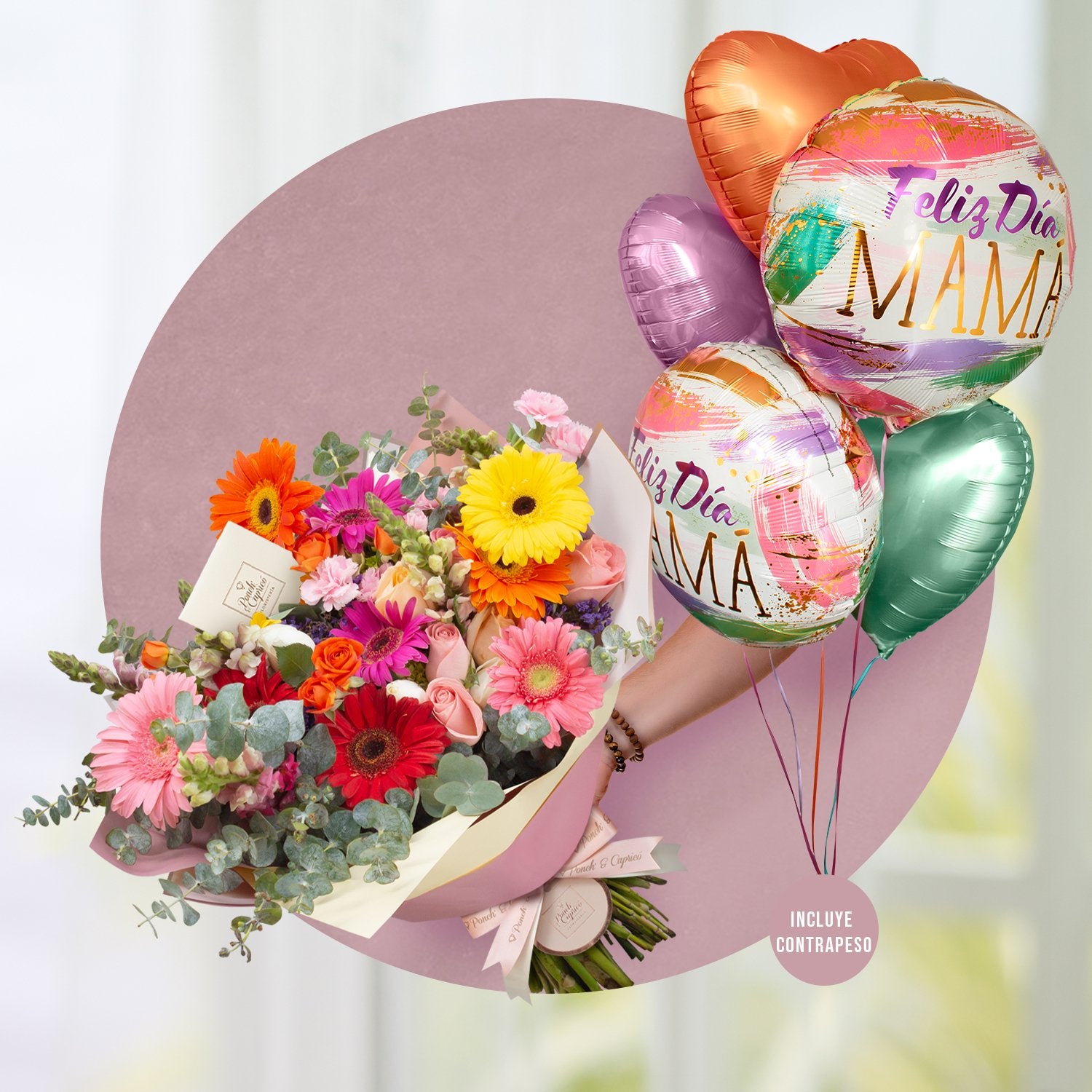 Rosas y Gerberas Mix, Boca de Dragón Lila, Eucalipto y Hortensia Verde -ALA024-