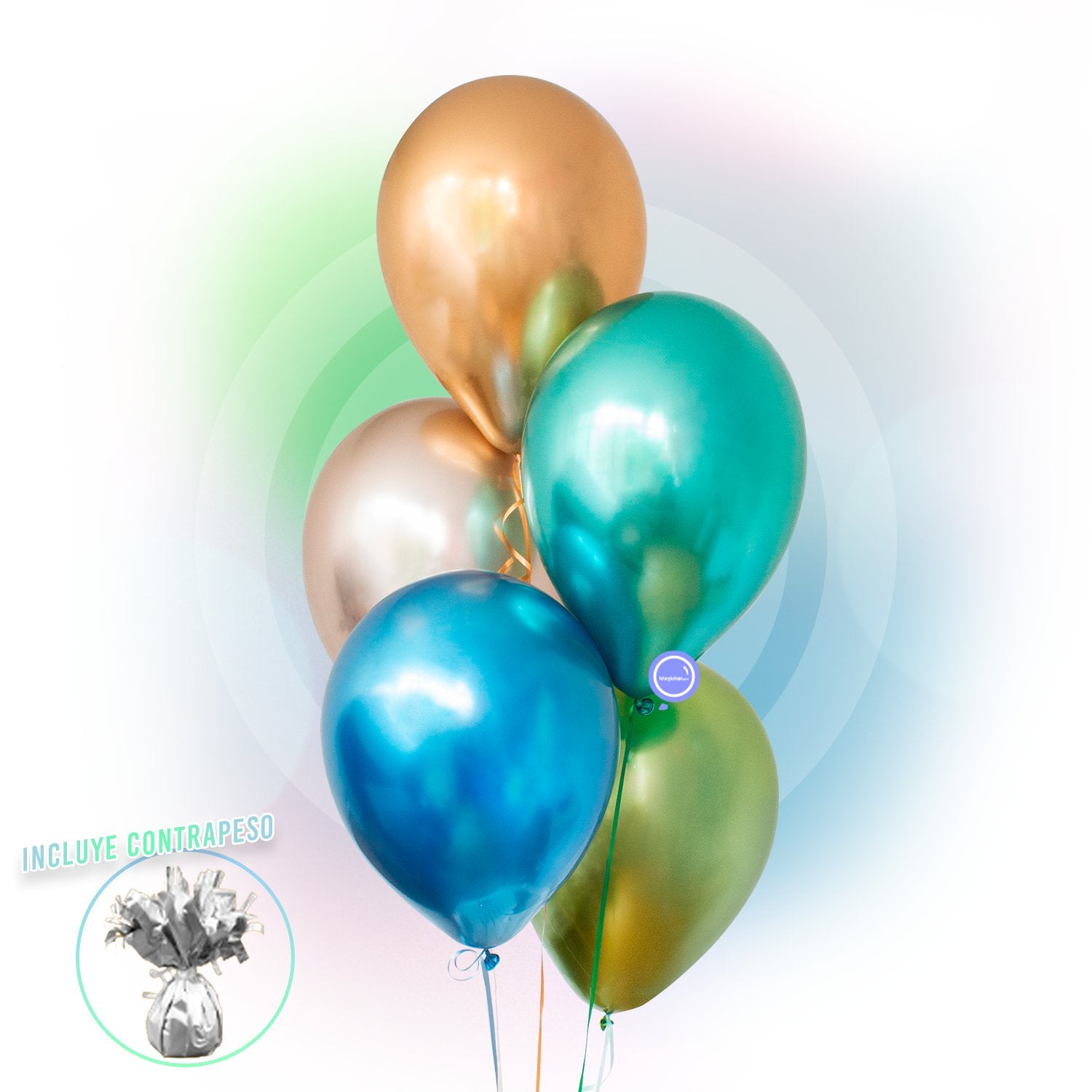 Torre de 5 Globos de Látex Cromo de 11 Inflados con Helio (Dorado, Verde, Champagne, Lima y Azul)