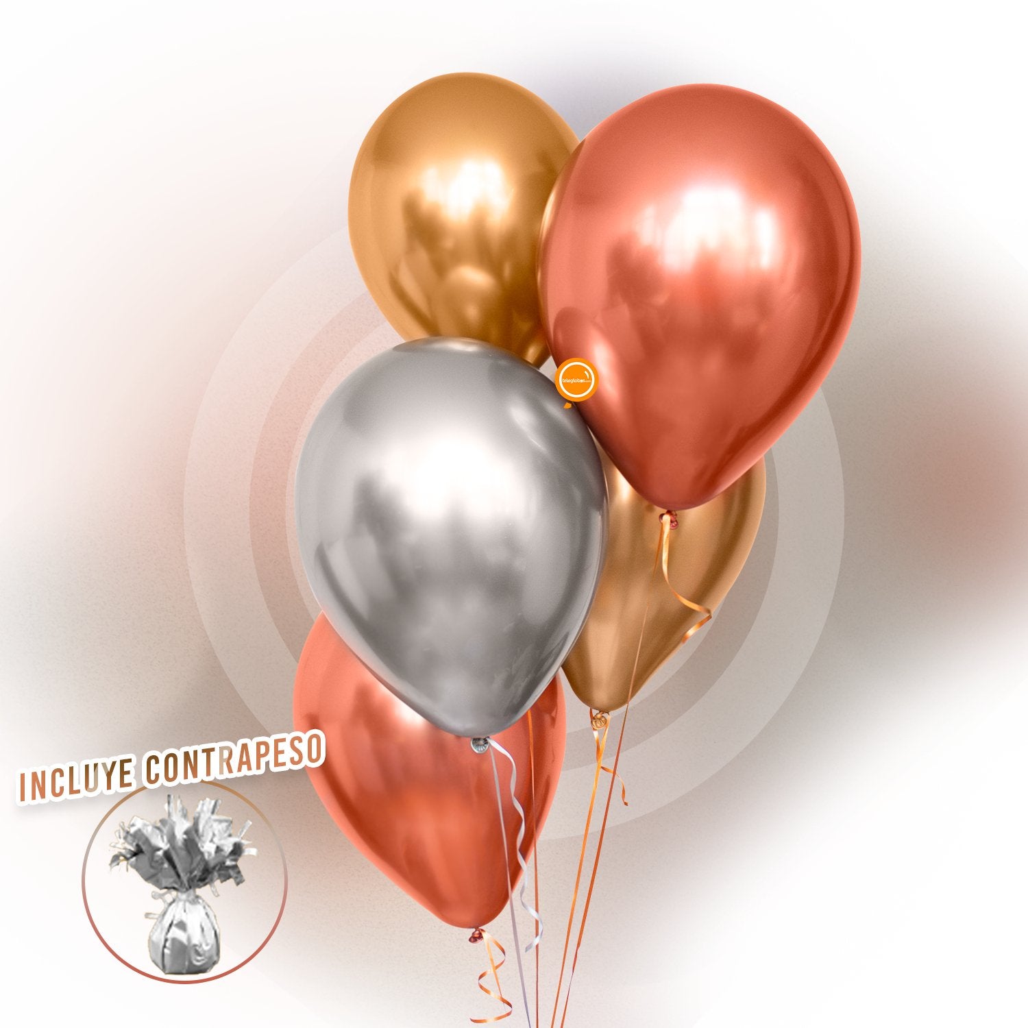 Torre de 5 Globos de Látex Cromo de 11" Inflados con Helio (Plata, Dorado y Rose Gold)