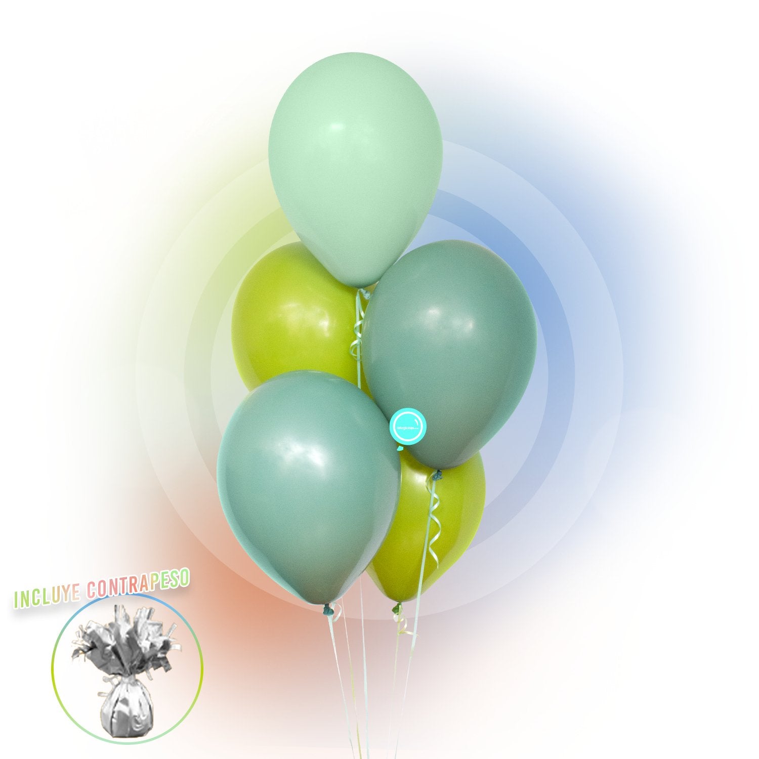 Torre de 5 Globos de Látex Premium de 11" en Tonos Verde Pastel Inflados con Helio