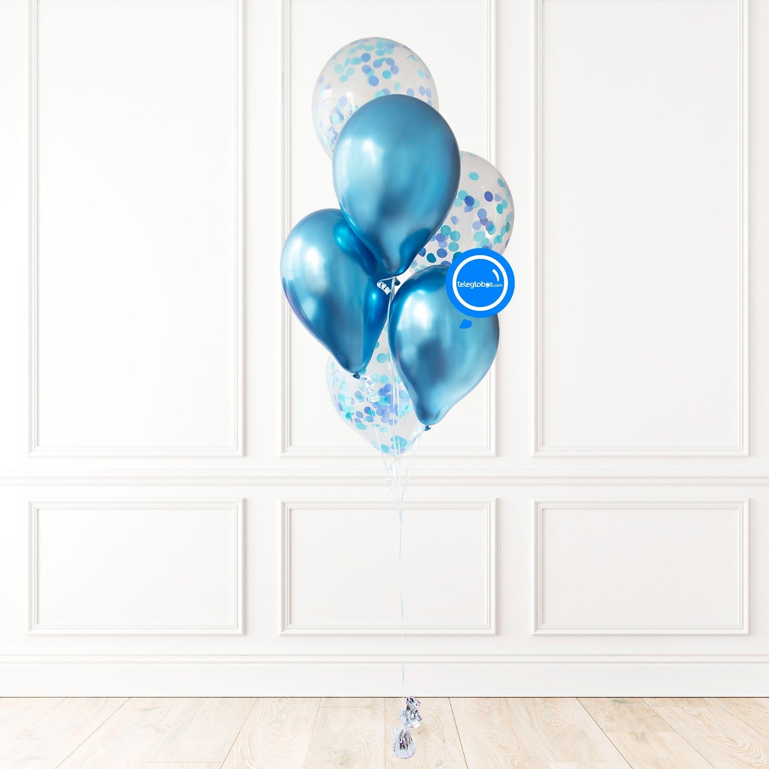 Torre de globos látex Cromo Azul/Confetti | Globos y Regalos Teleglobos.com.mx.