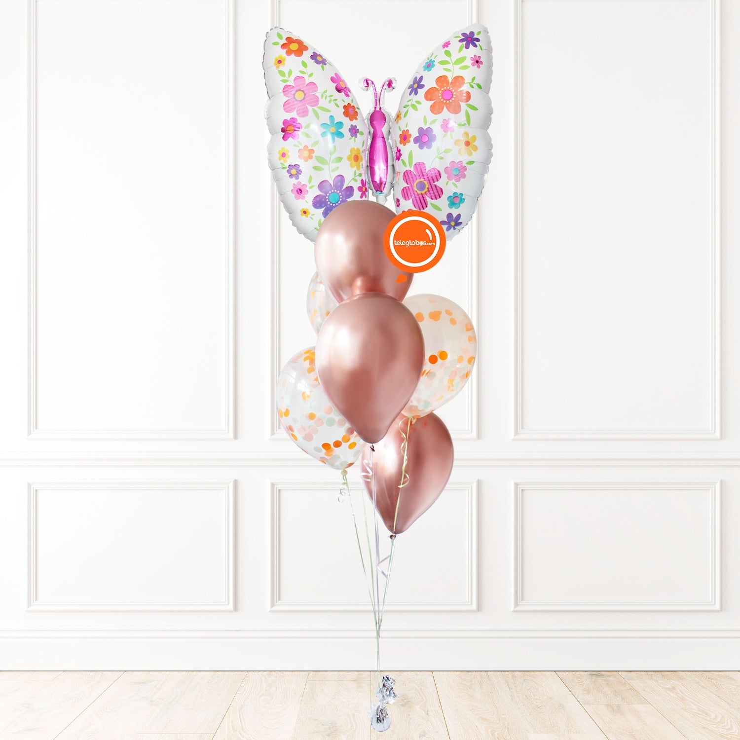 Torre de globos látex Cromo Rose Gold/Confetti y Mariposa | Globos y Regalos Teleglobos.com.mx.