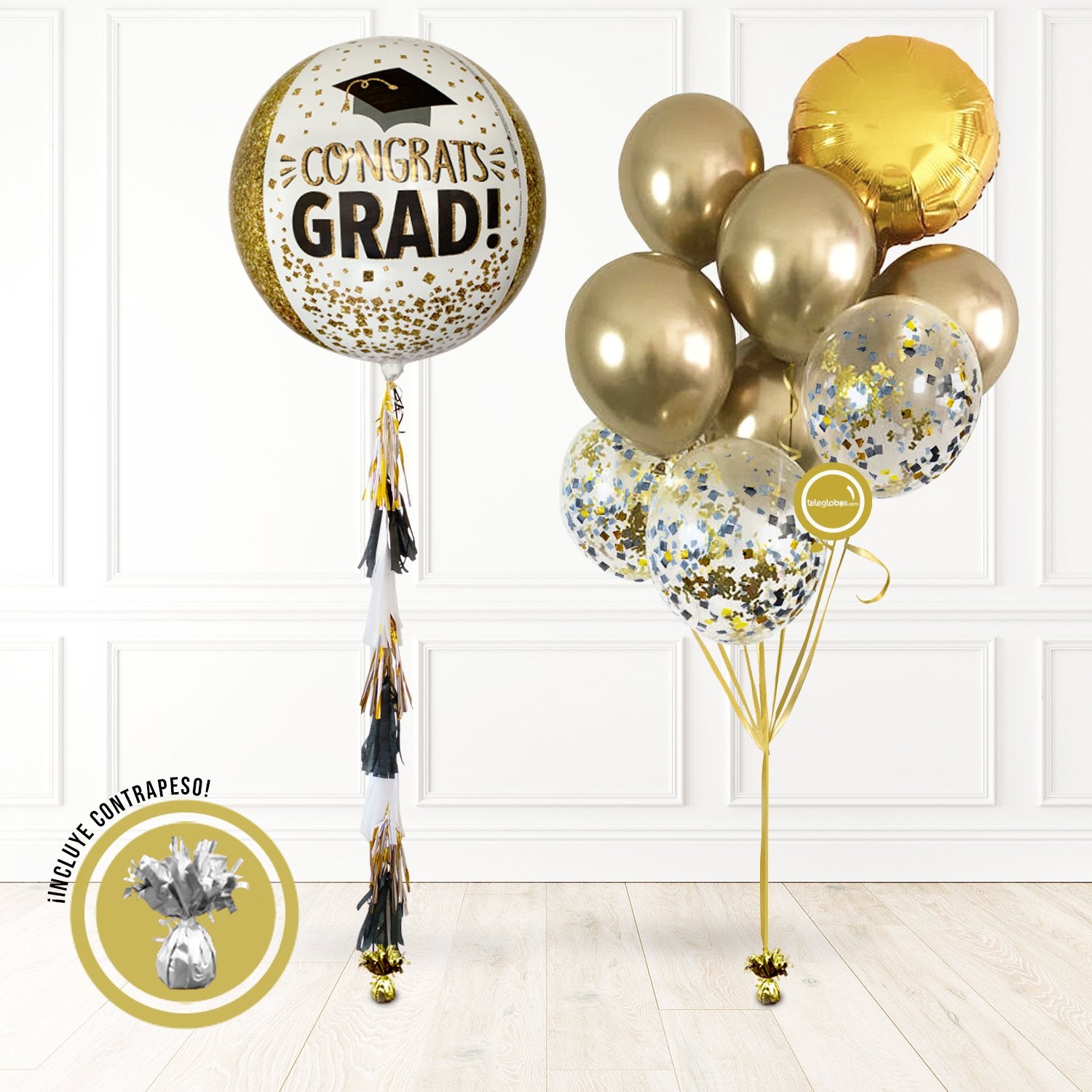 Torre de Graduación: ORBZ 15" Congrats Grad + Ramo de 9 Globos inflados c/ Helio (Cromo, Transparente y Metálico)
