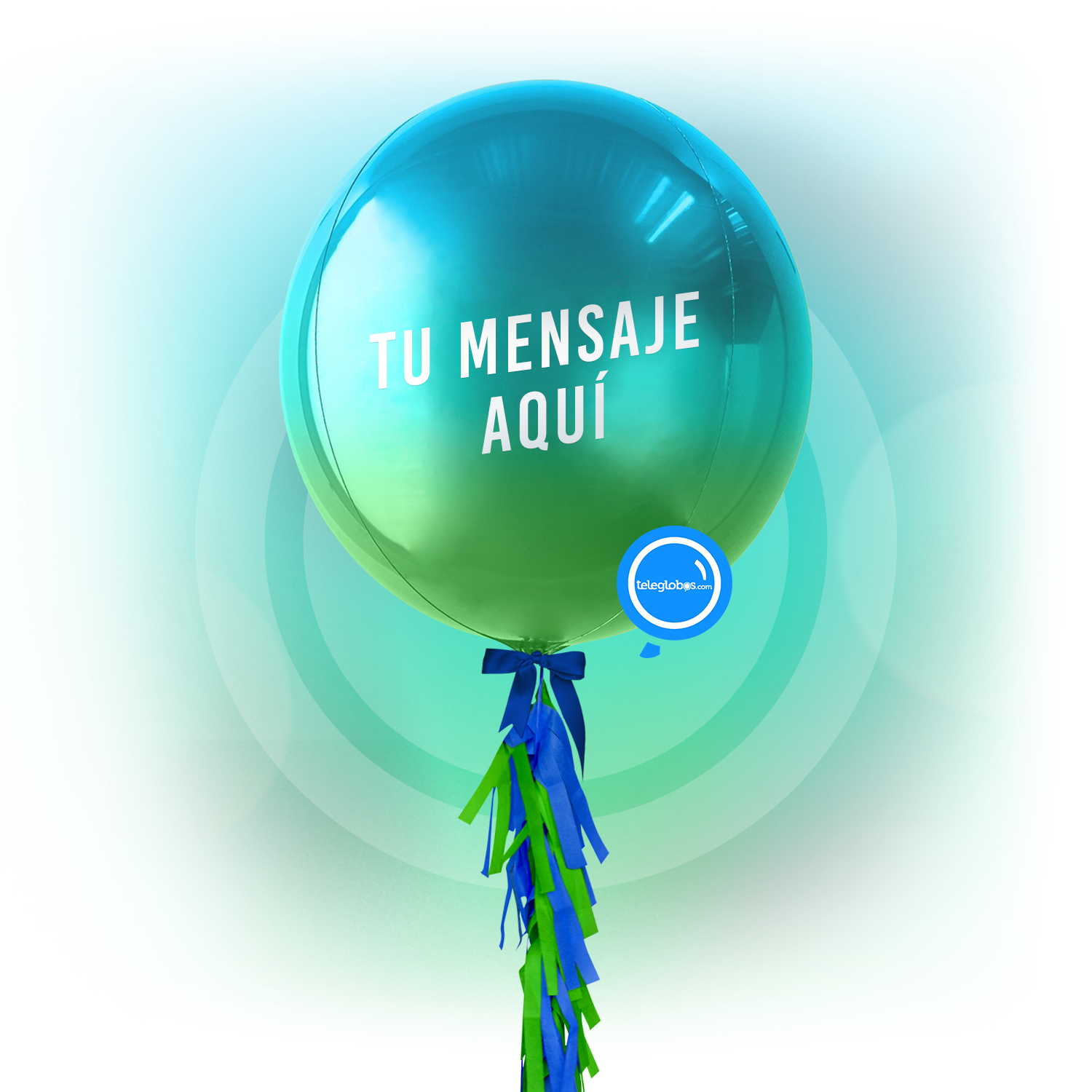 Globo orbz esfera degradado azul a verde con «Tu mensaje aquí» estampado, moño azul rey y tassel — globos orbz personalizados Teleglobos CDMX