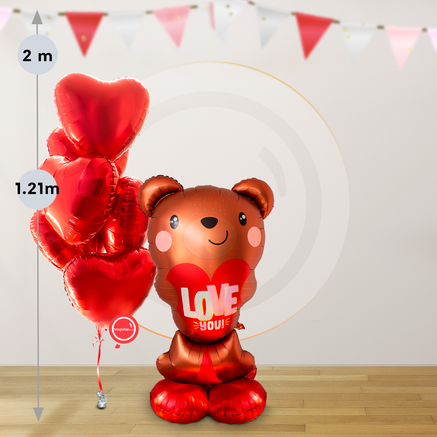 AirLoonz Osito, 50 Rosas Rojas y 6 globos de corazón (y chocolates)