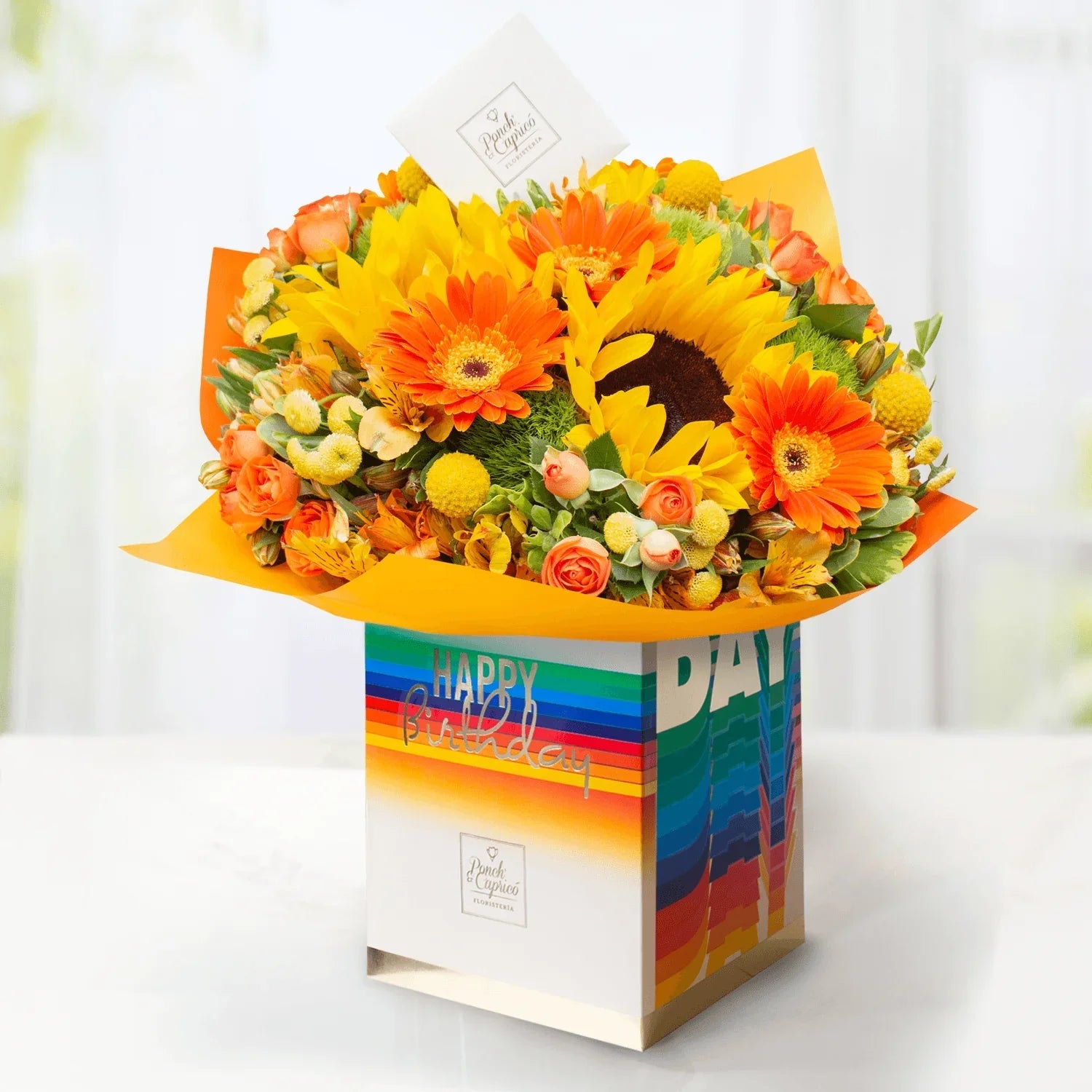 Ramo de Gerberas y Girasoles, Mini Rosas Naranja y Alstromelia Amarilla -GI028-