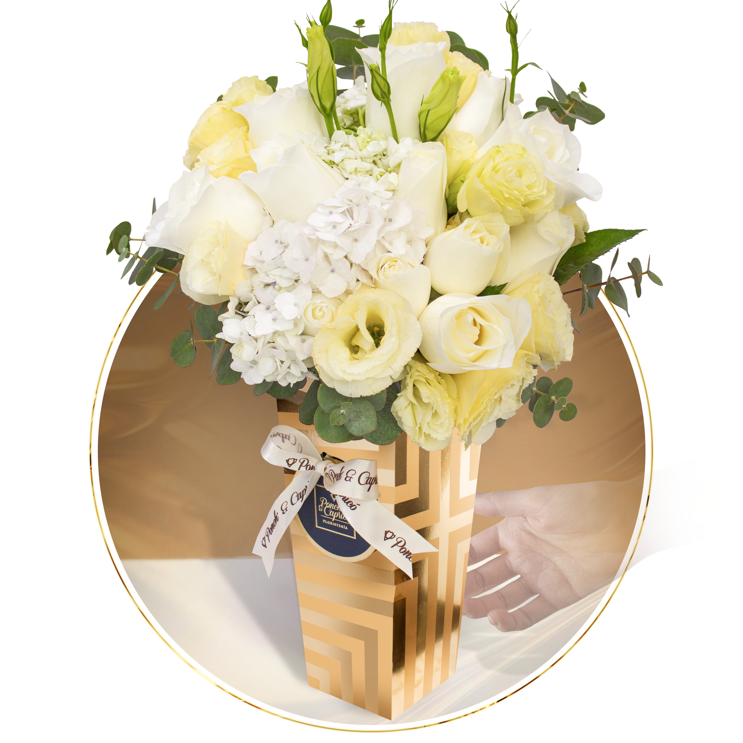 Arreglo Floral de Rosas Blancas, Hortensias y Lisianthus -LUX001-