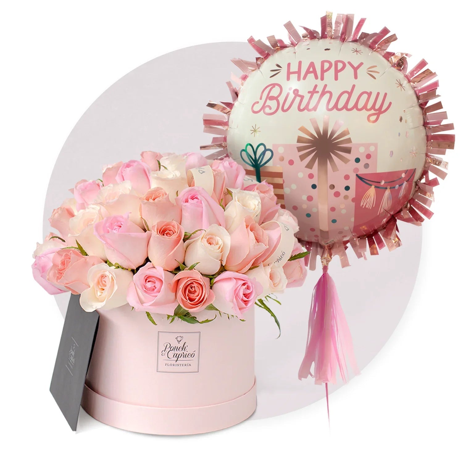 Arreglo Floral de Rosas Rosadas Mix en Domo con Globos de Cumplaños -SET060- | Globos y Regalos Teleglobos.com.mx.