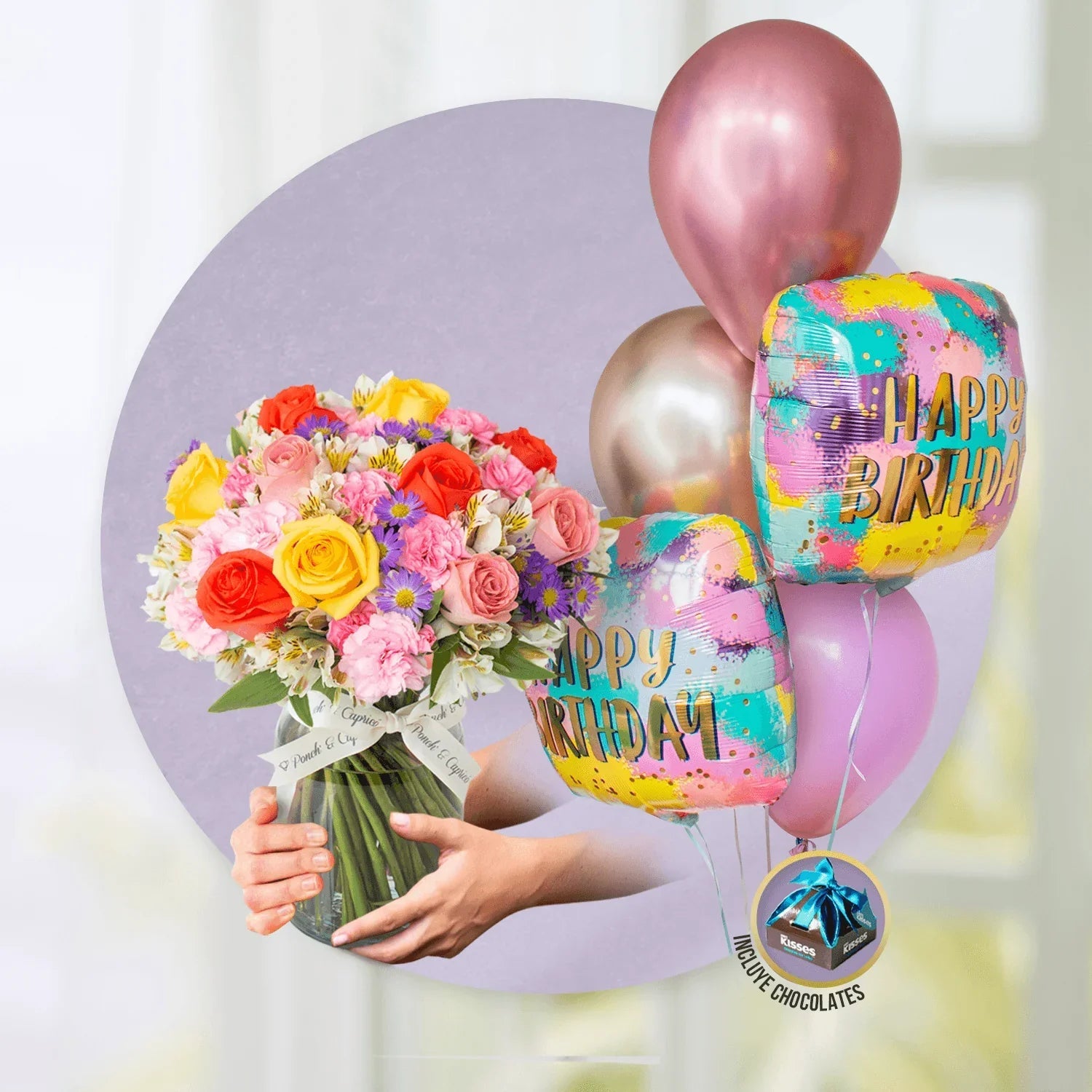 Arreglo floral de 12 Rosas Mix, Alstro Blanca y Clavellinas Rosadas -GI011-