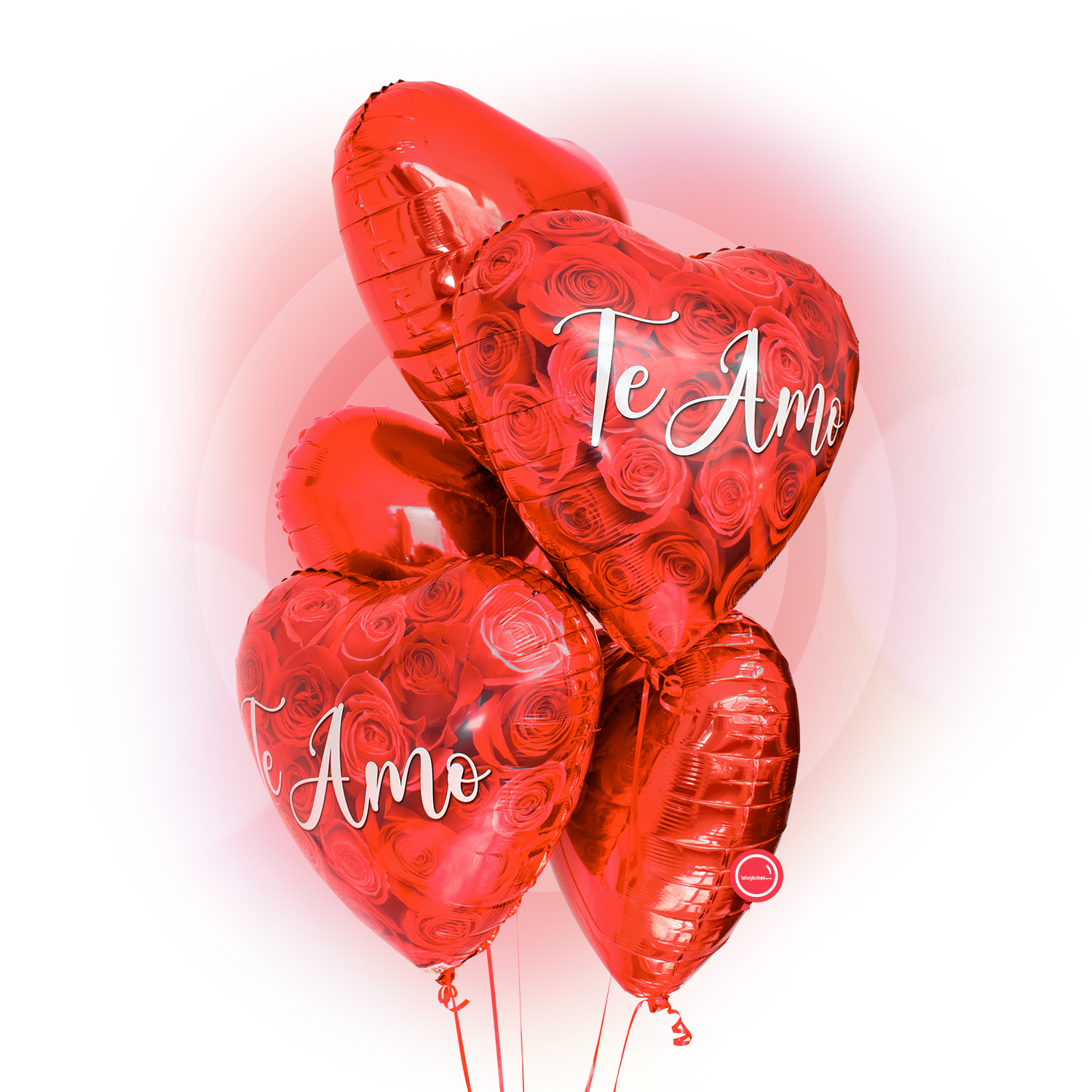 Bouquet de Globos de Amor Inflados con Helio - Te amo (con fondo de Rosas Rojas)