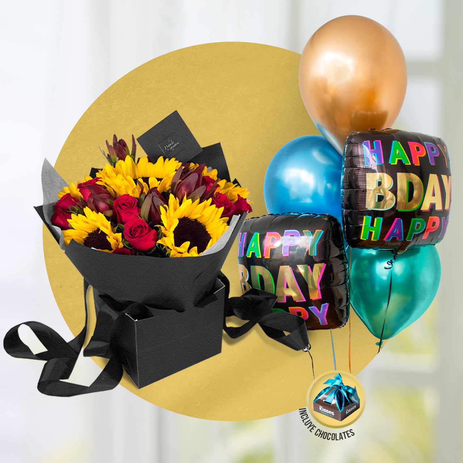 Bouquet Girasoles, Rosas Rojas y Safari + Bouquet de Globos Happy Birthday Colores -SET017-