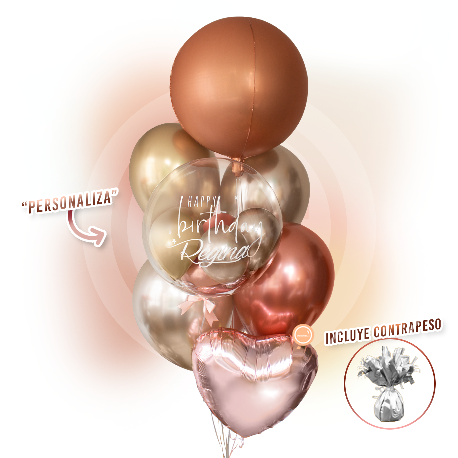 Bunch de globos y burbuja personalizada con helio - Satín Cobre -