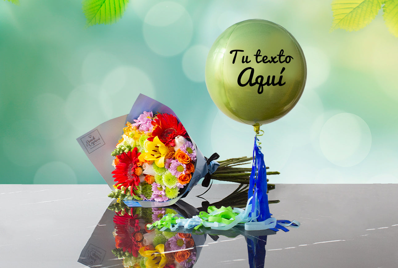 Globo Orbz personalizado Teleglobos Mexico con Ramillete de Boca Dragón, Lillies, Rosas, Margaritas y Gerberas Ponch' y Capricó