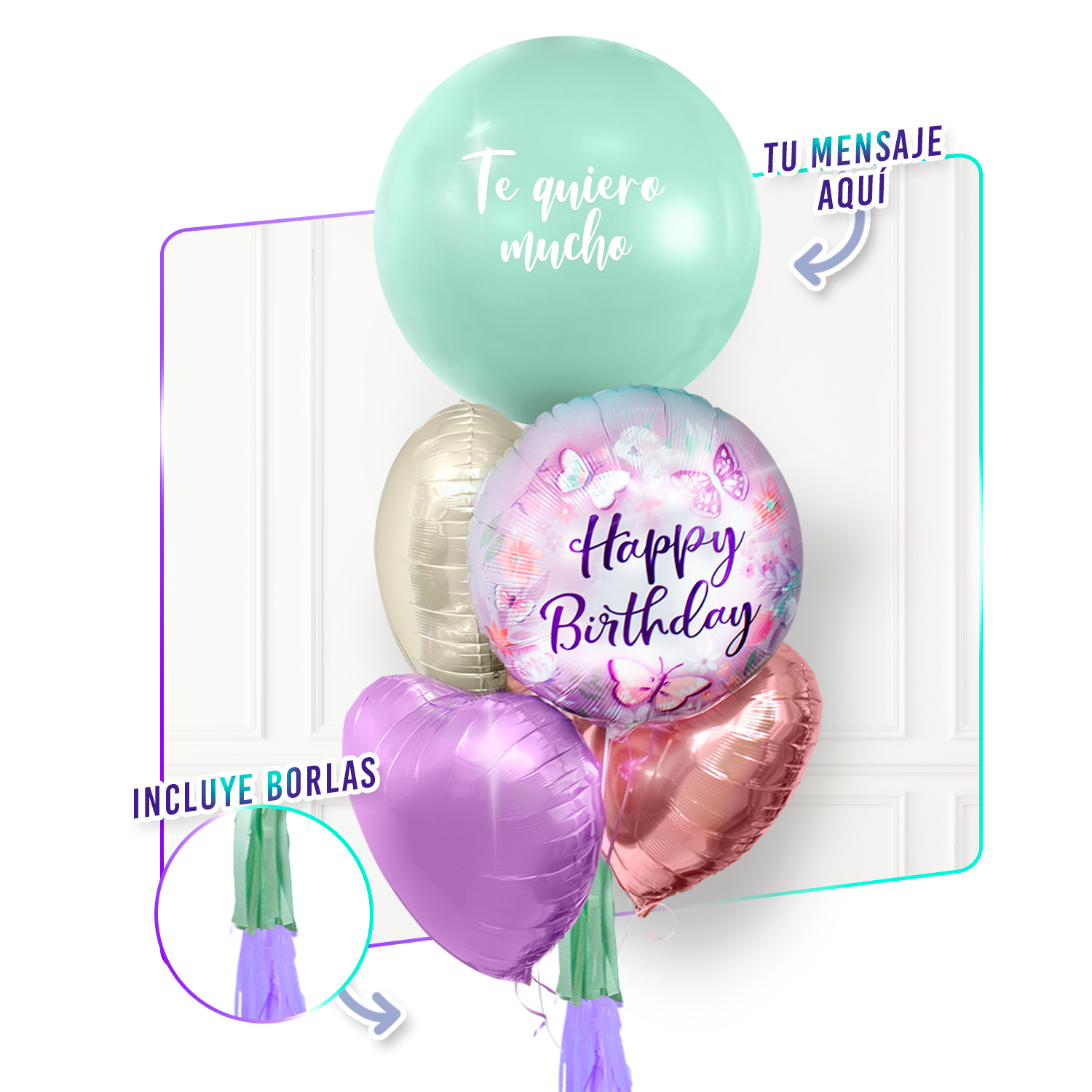 Bunch de Globos con Helio Personalizado - Butterflies Birthday -