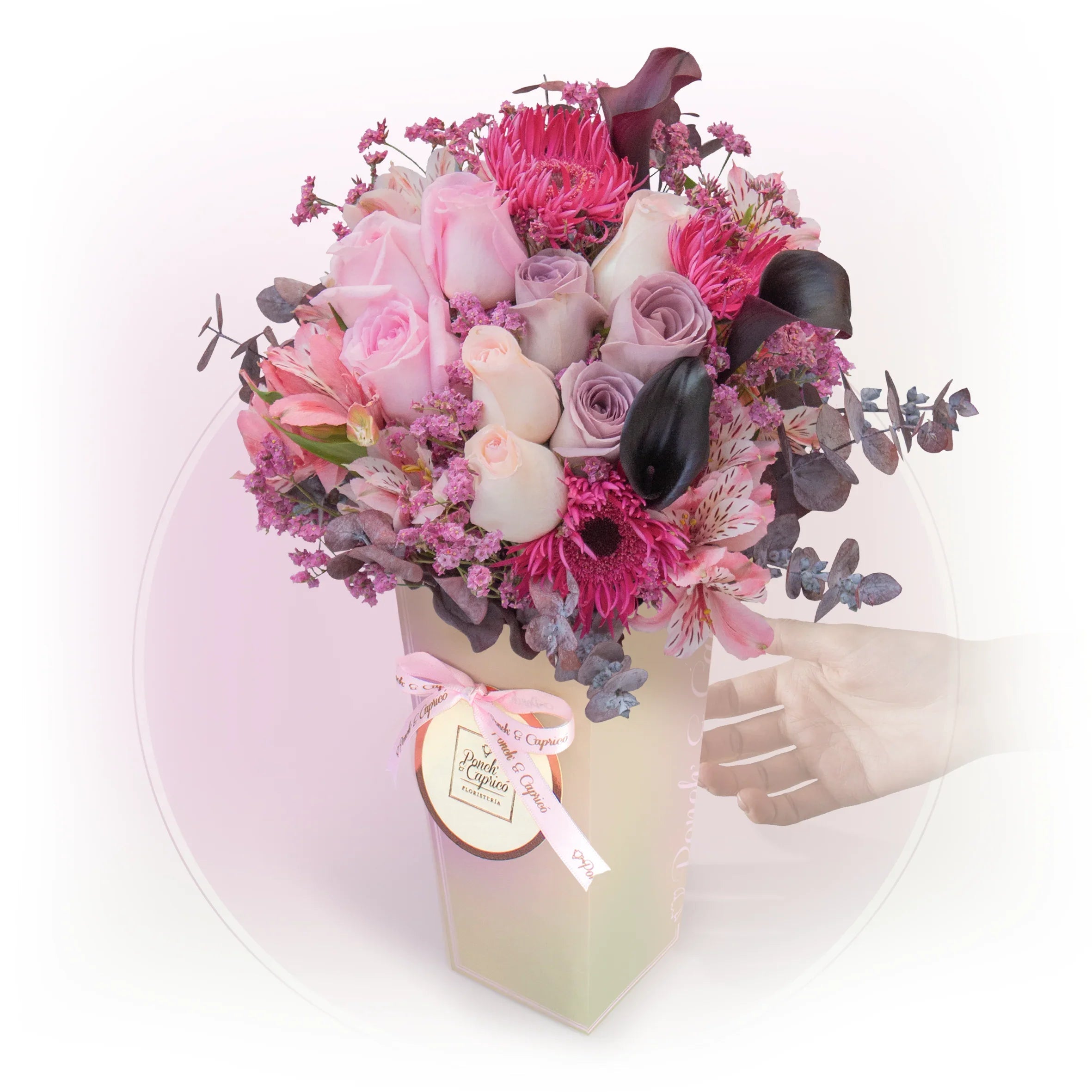 Ramo de Rosas, Cala de Agua y Gerbera Fucsia Spider - CAM009 | Globos y Regalos Teleglobos.com.mx.