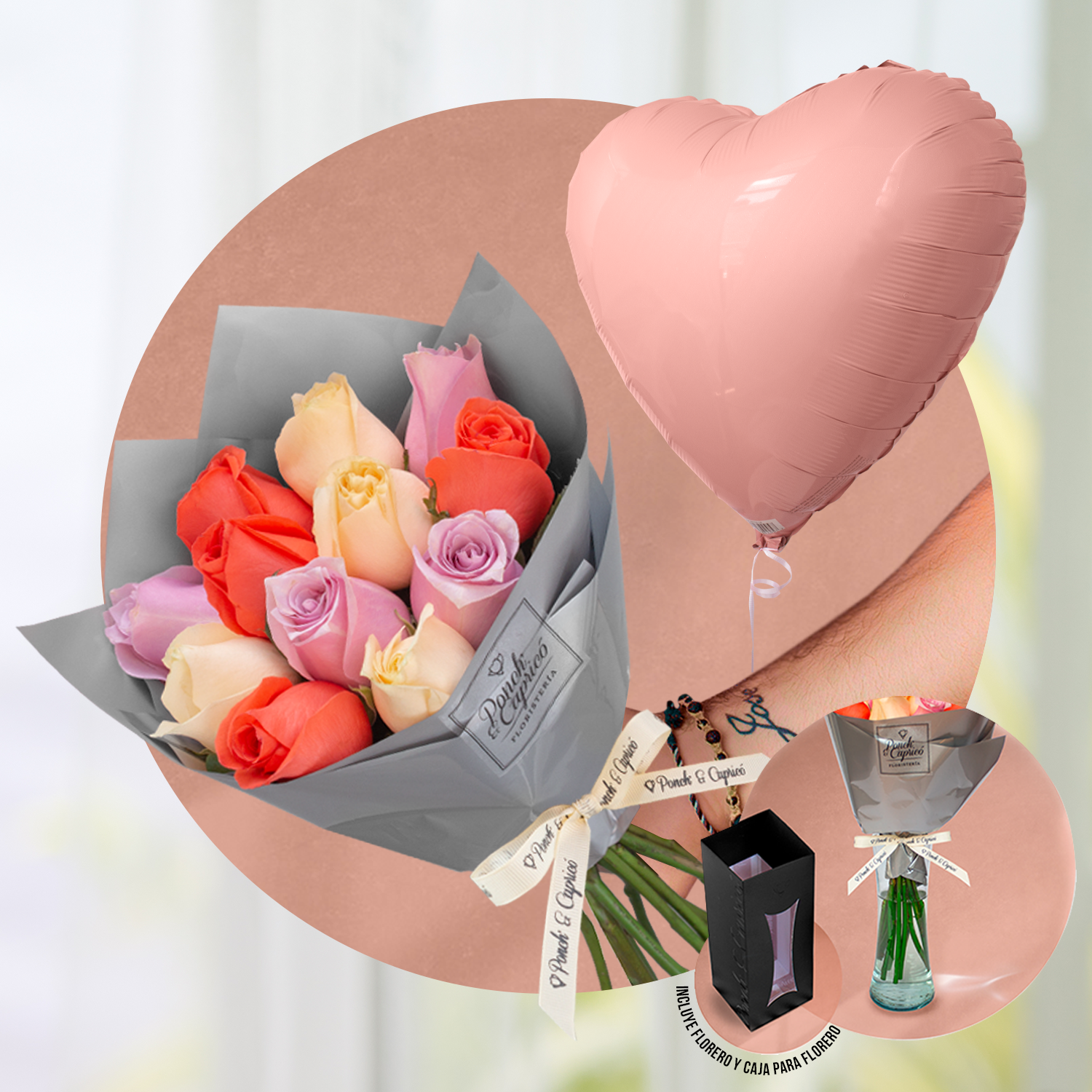 Ramillete de 12 Rosas Mix (color a elegir) + Florero + Corazón Pastel de 18" inflado con helio -SET068-