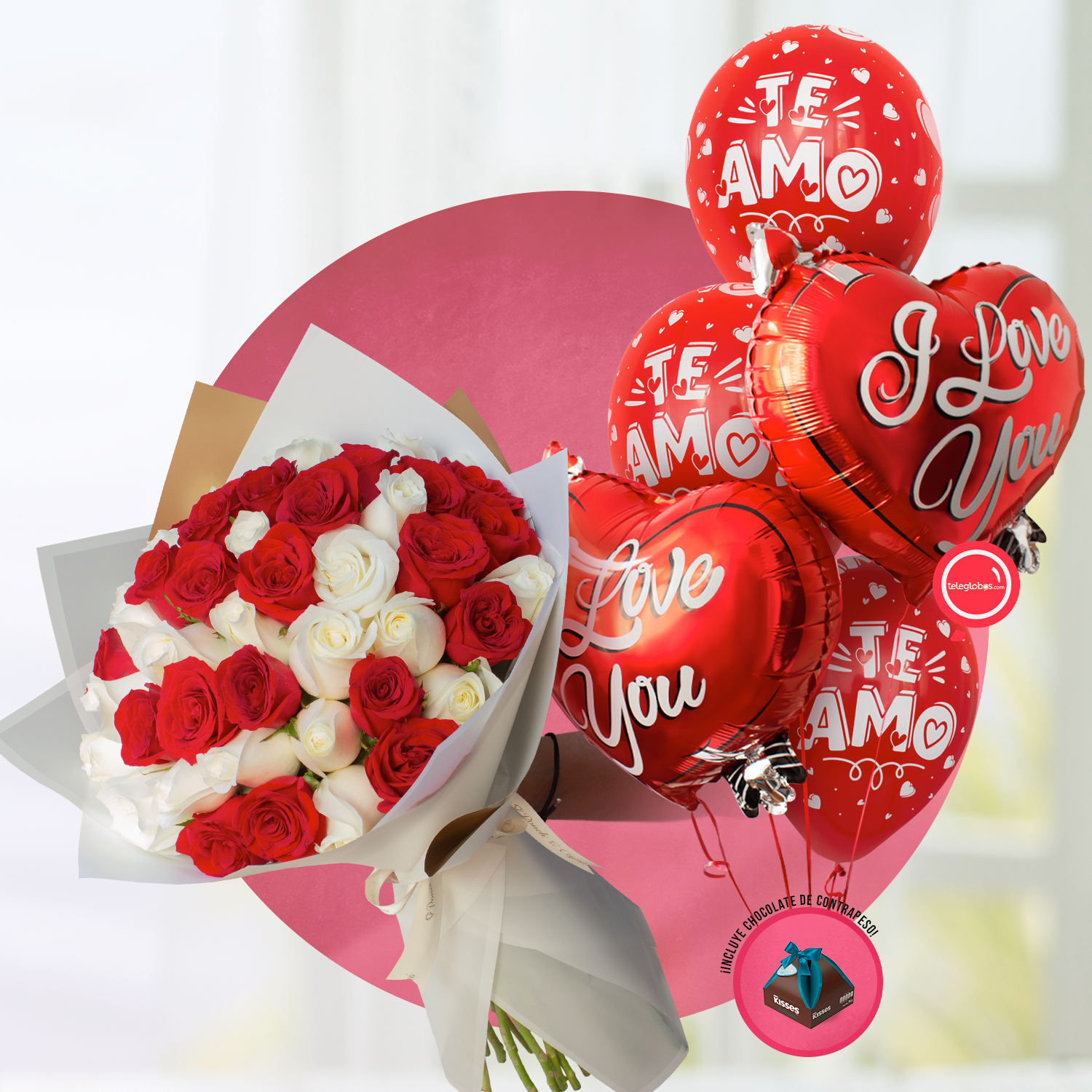 50 Rosas Blancas/Rojas en ramillete + Bouquet de Globos Te Amo -SET011-