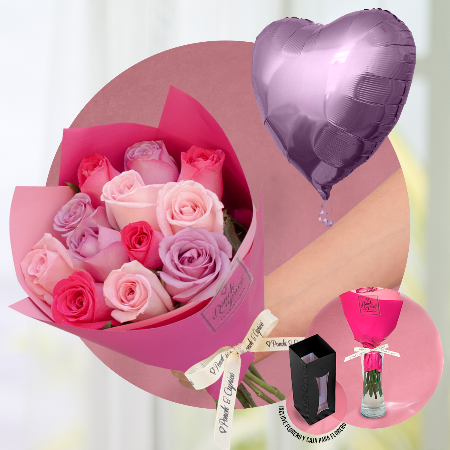 Ramillete de 12 Rosas Mix (color a elegir) + Florero + Corazón Pastel de 18" inflado con helio -SET068-