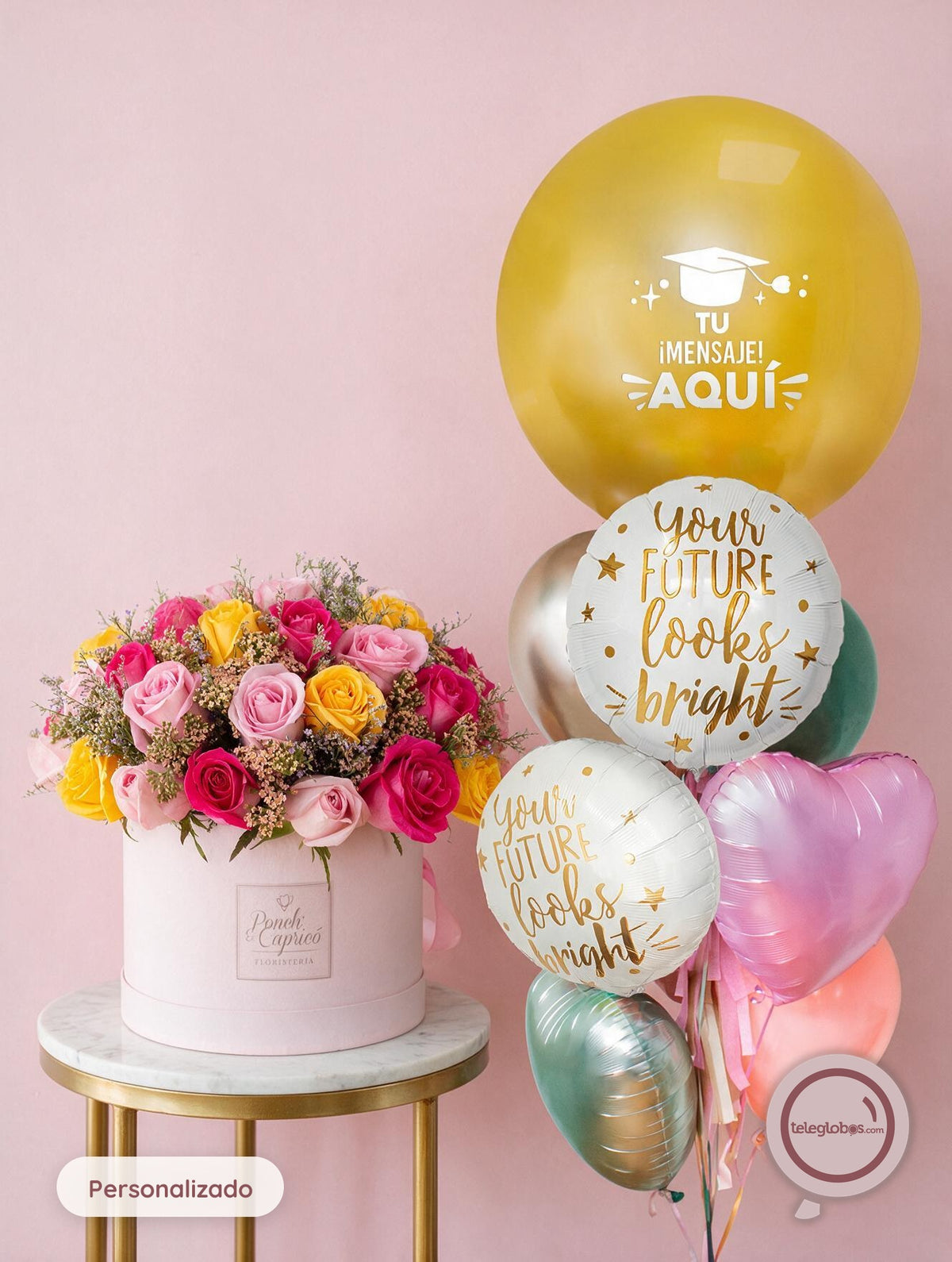 Arreglo floral de 40/45 Rosas Amarilla, Rosadas y Fucsia con Aquilea y Limonio + Bunch de Globos para Graduación - SET112