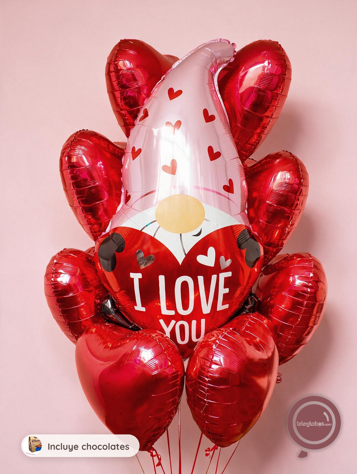 Bouquet de Globos de Amor - 8 Corazones Rojos + Gnomo I Love You