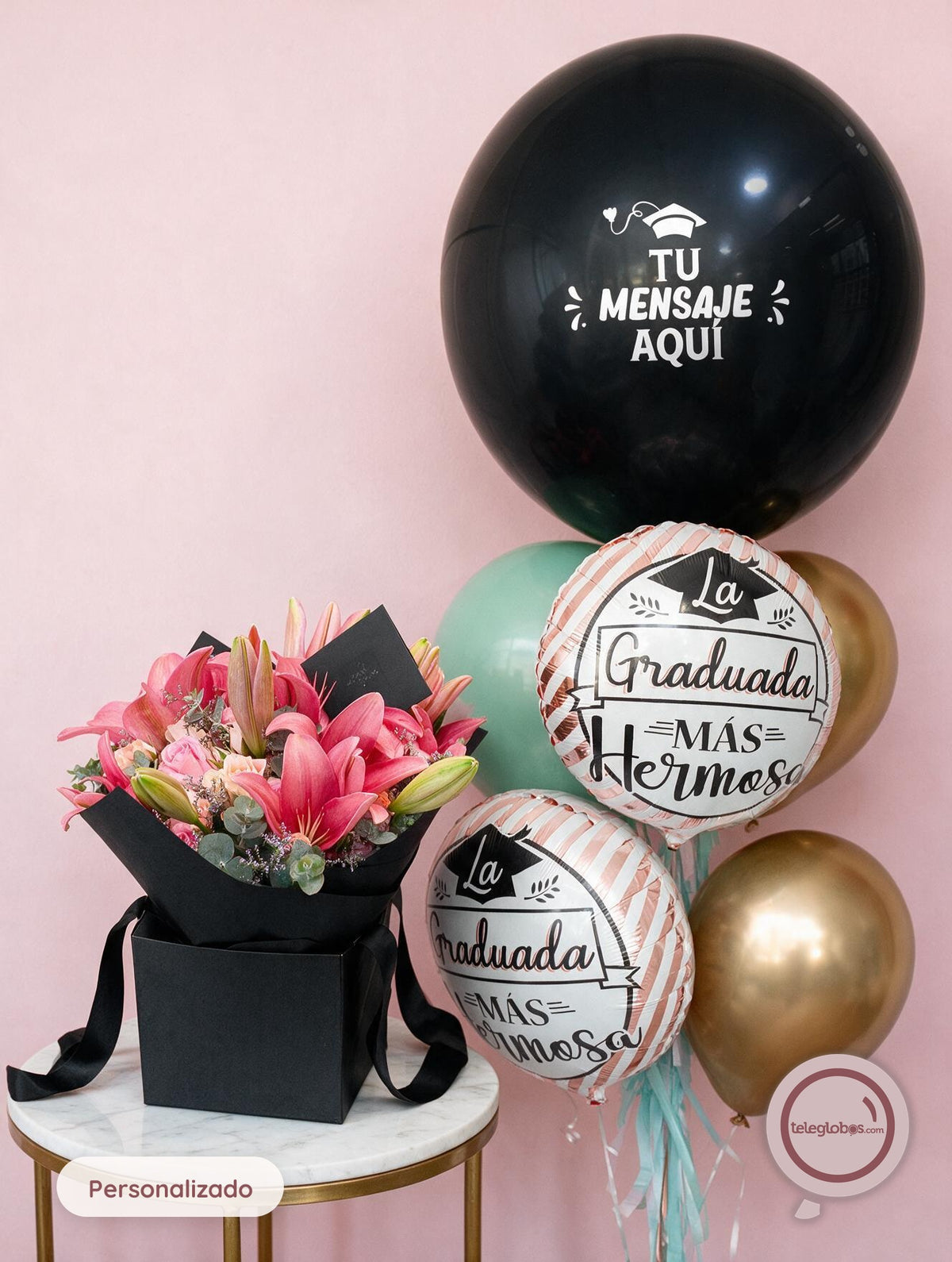 Bouquet de Lirios, Rosas y Mini Rosas Rosadas, Beige y Limonio + Bunch de Globos para Graduación - SET117